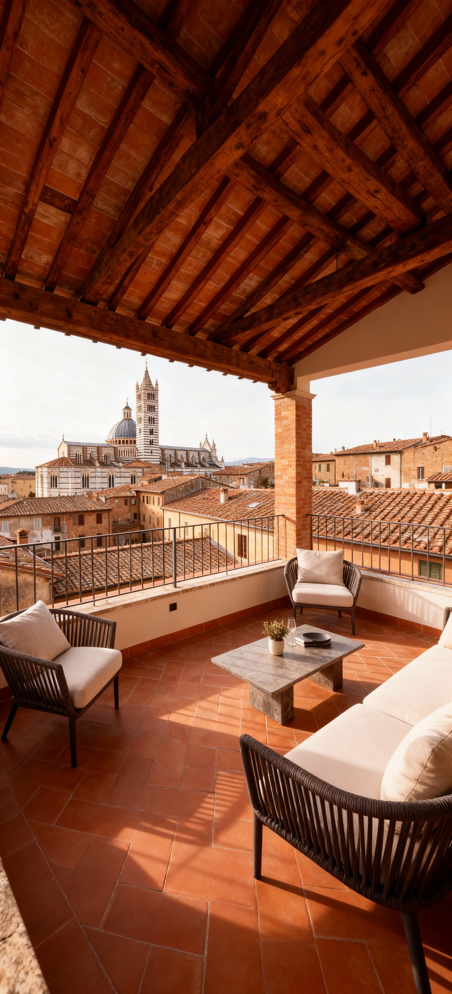 Luxury penthouses for sale in Siena, featuring panoramic terraces with views of medieval rooftops and the Cathedral.