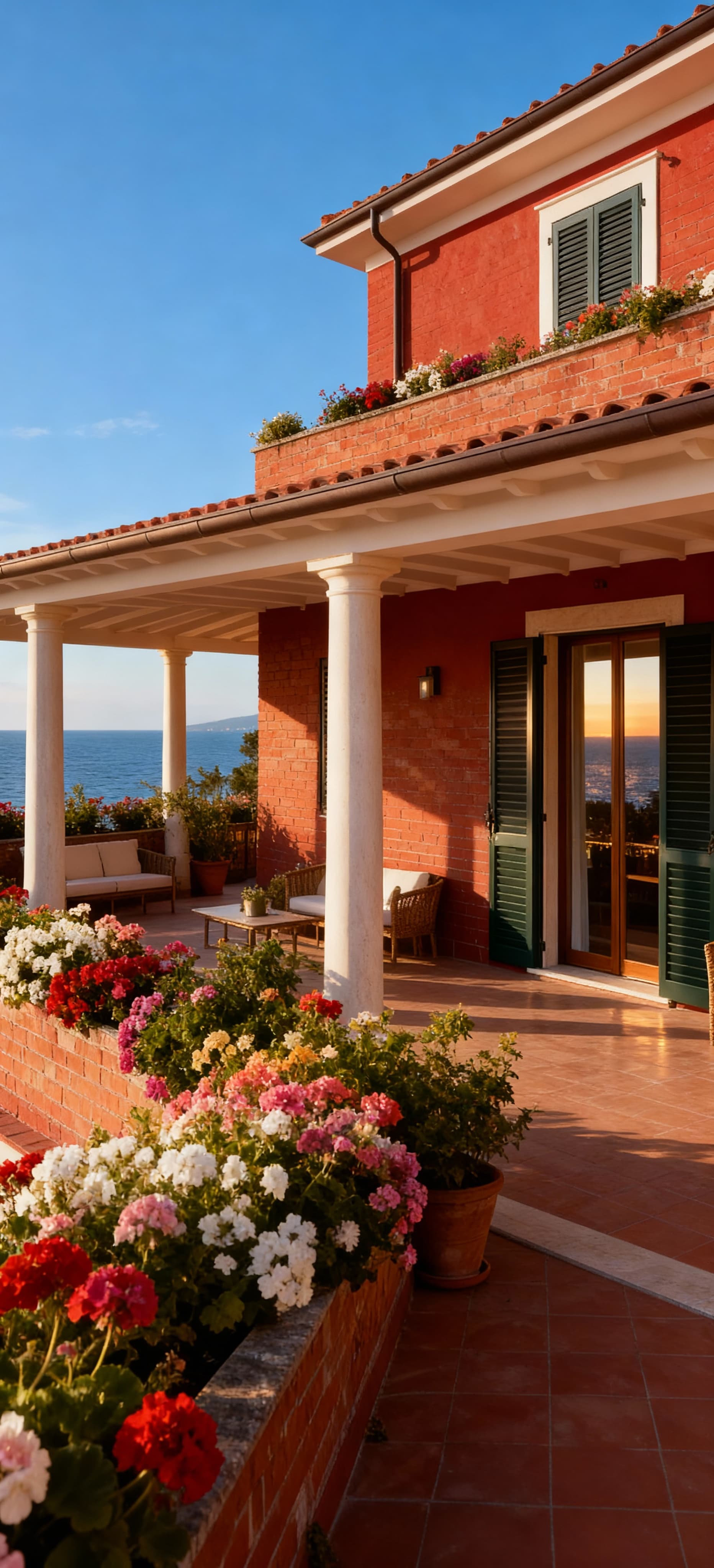 Bright semi-detached houses for sale in Livorno, near the beach, featuring lush gardens and spacious verandas.