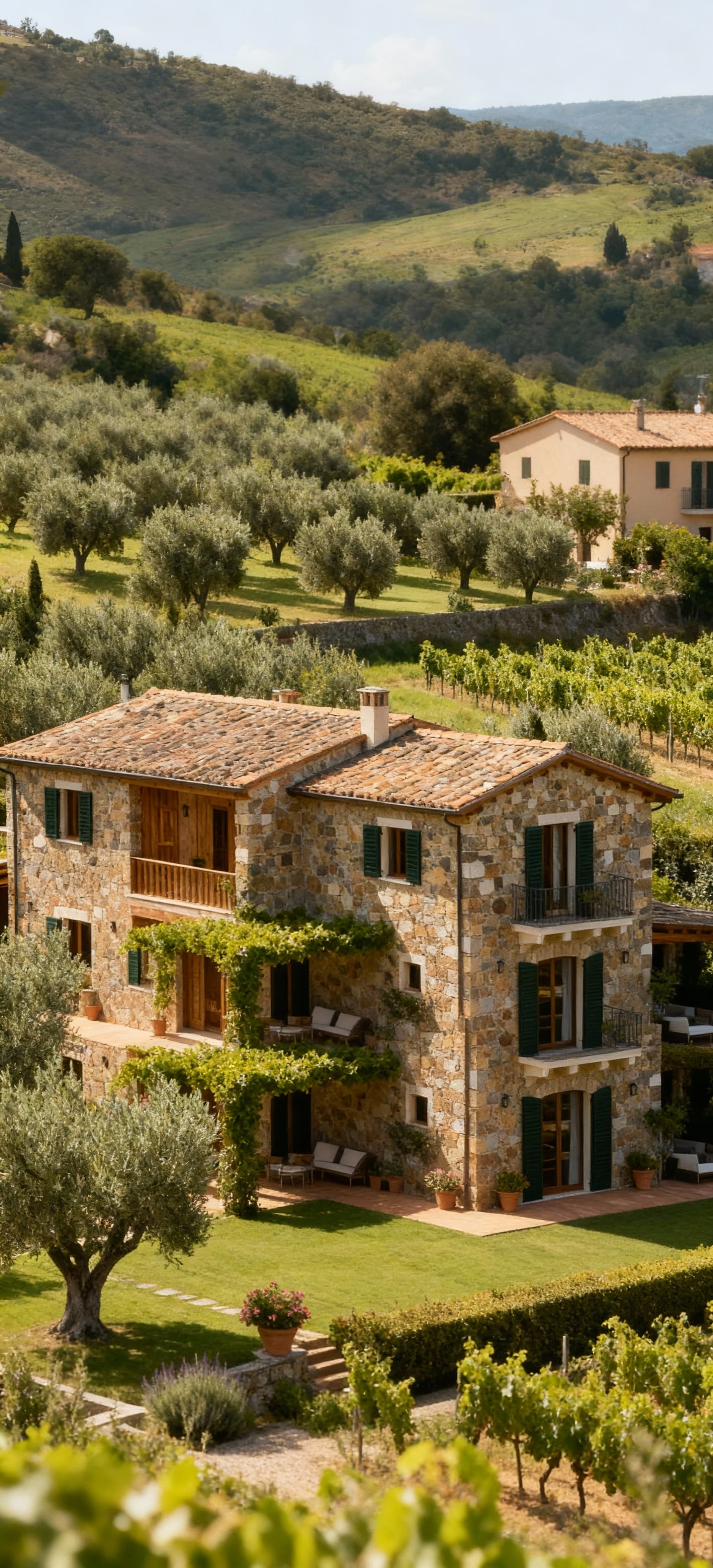Semi-detached houses for sale in Livorno's countryside, surrounded by olive groves and vineyards, offering private gardens and family spaces.