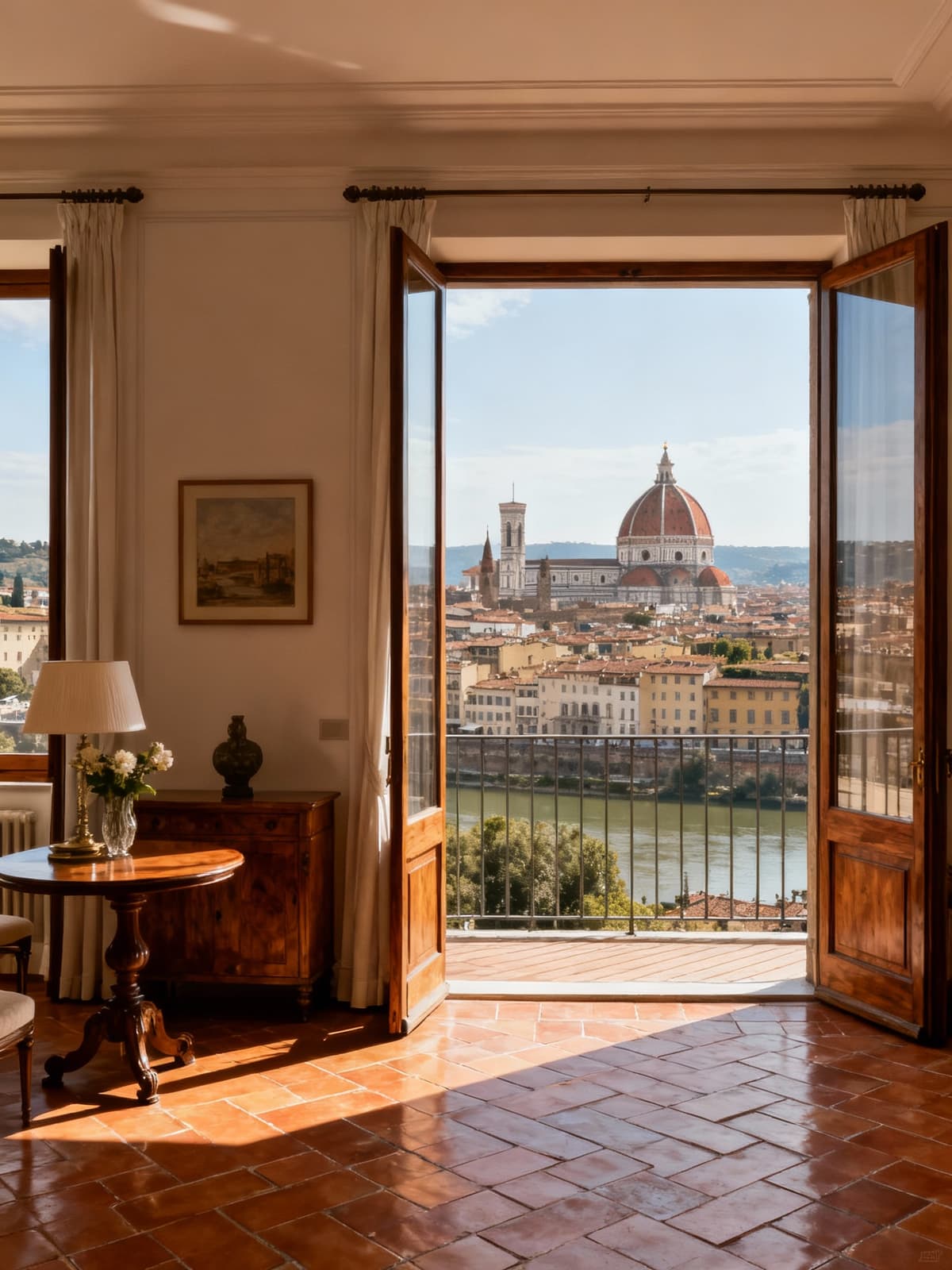 Appartamento di lusso a Firenze con vista sull'Arno e il Duomo, arredato con eleganza e pavimenti in cotto.
