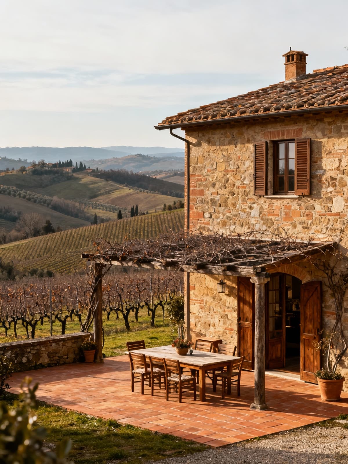 Rustic farmhouse nestled in Chianti hills, surrounded by vineyards and ancient olive groves, bathed in soft winter light.