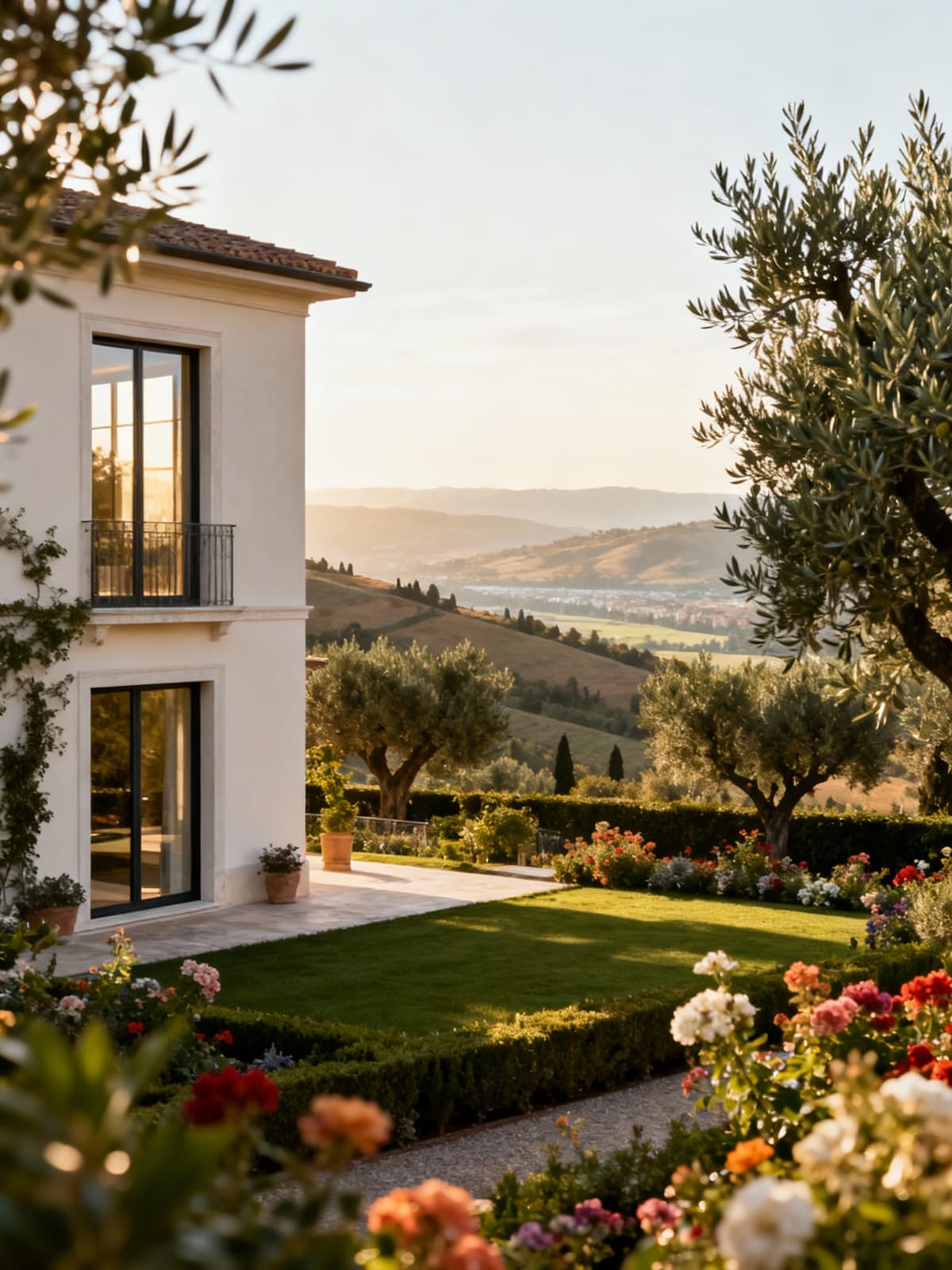 Exclusive villas nestled between the Umbrian hills and the scenic Tiber Valley, featuring light stucco facades and expansive windows.