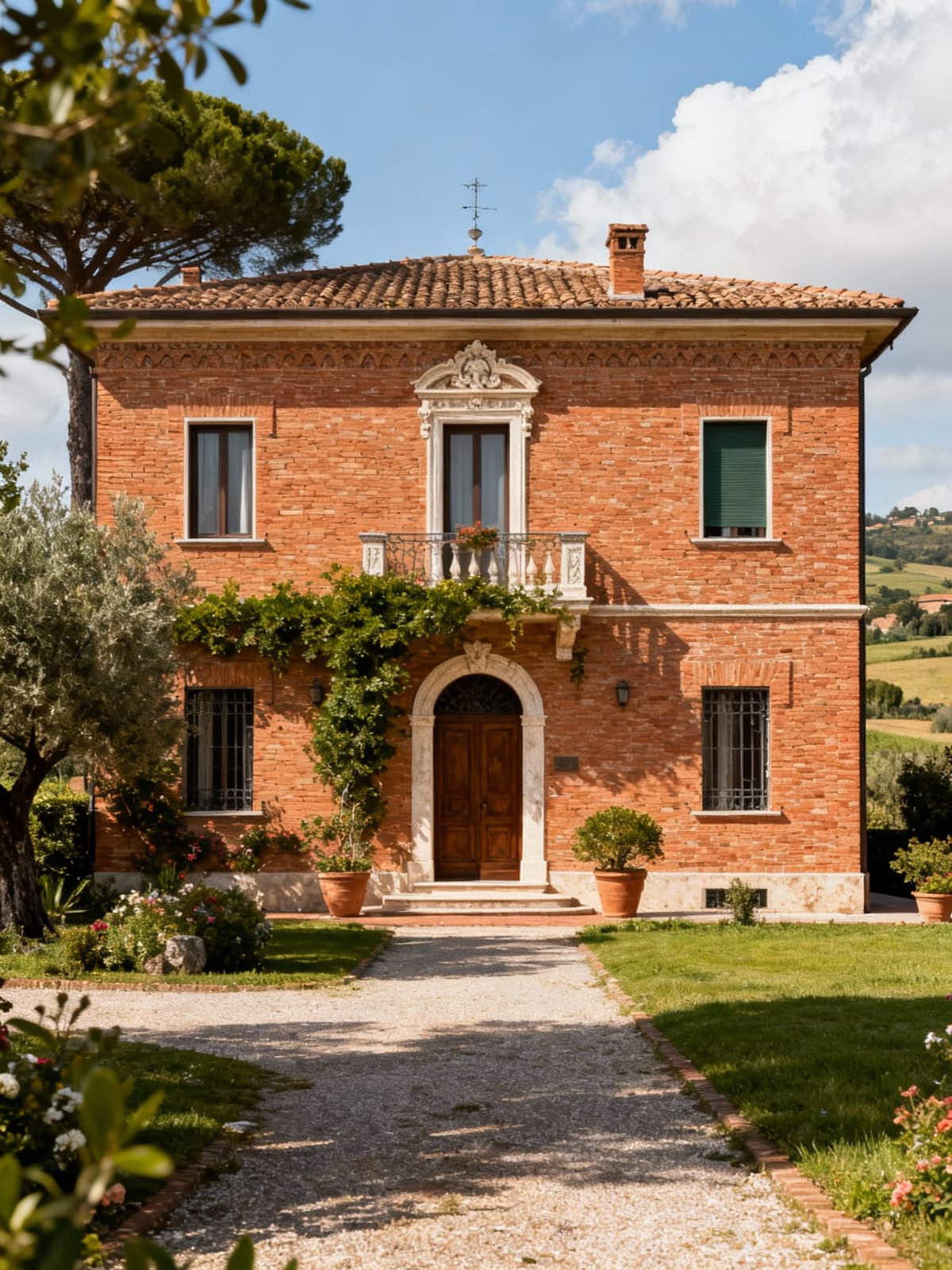 Case indipendenti nella campagna romana, immerse in un paesaggio sereno, con facciate in mattoni e dettagli architettonici eleganti.