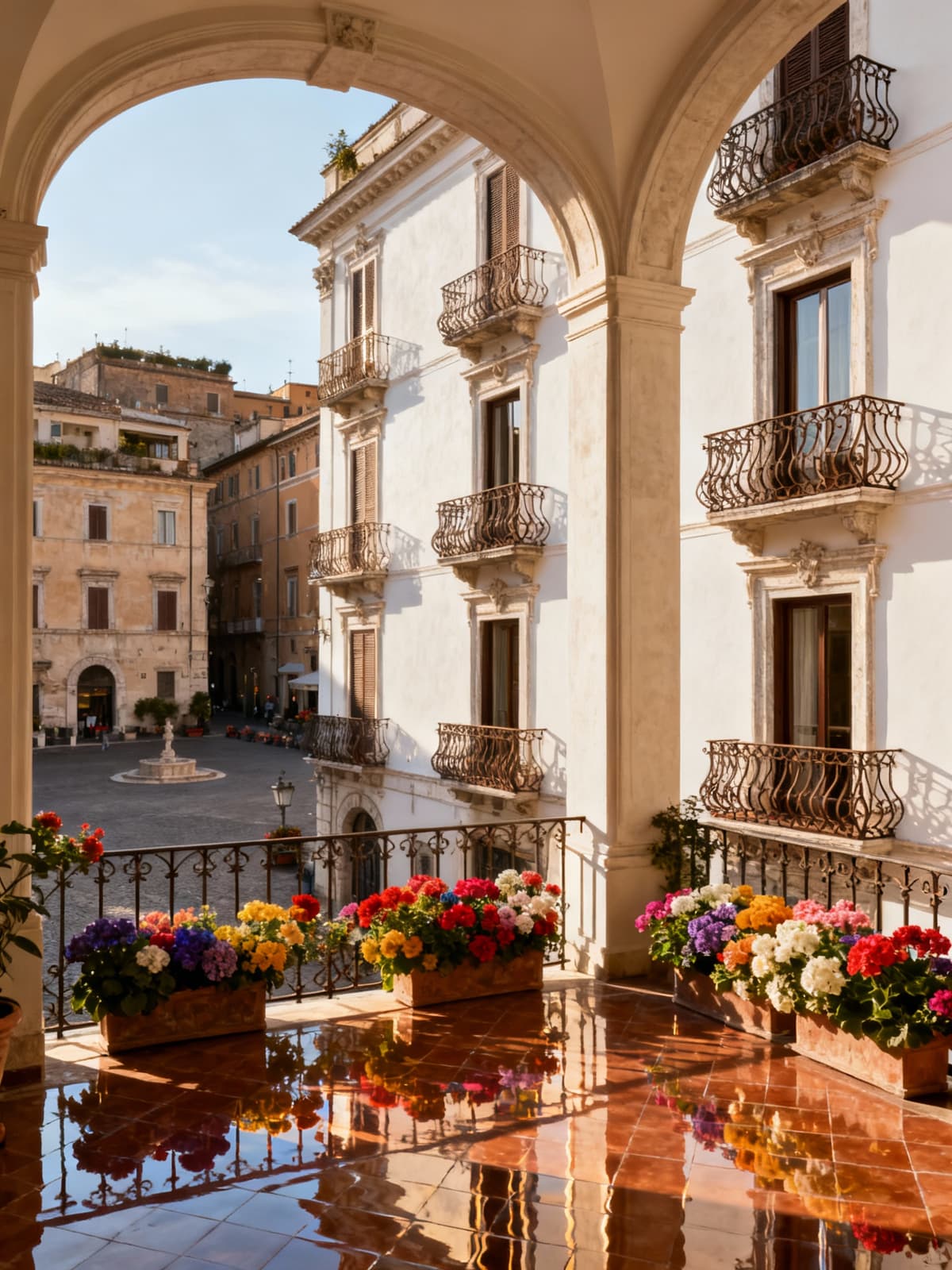 Appartamento esclusivo nel centro storico del Lazio, vista sulla piazza fiorita con dettagli architettonici e pavimento in cotto.