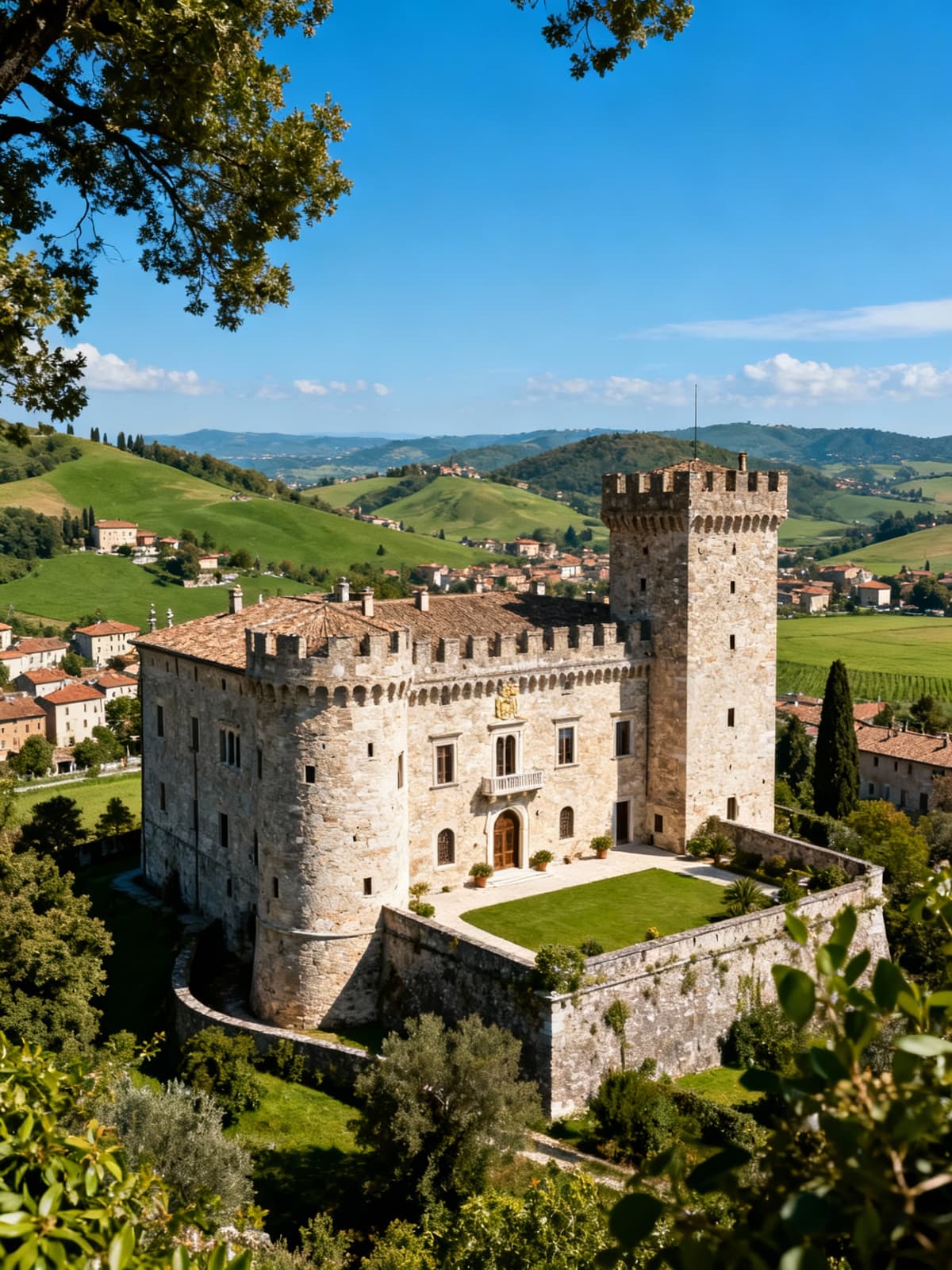 Castello storico in pietra nelle colline lombarde, circondato da natura e borghi antichi, esprime eleganza e nobiltà.