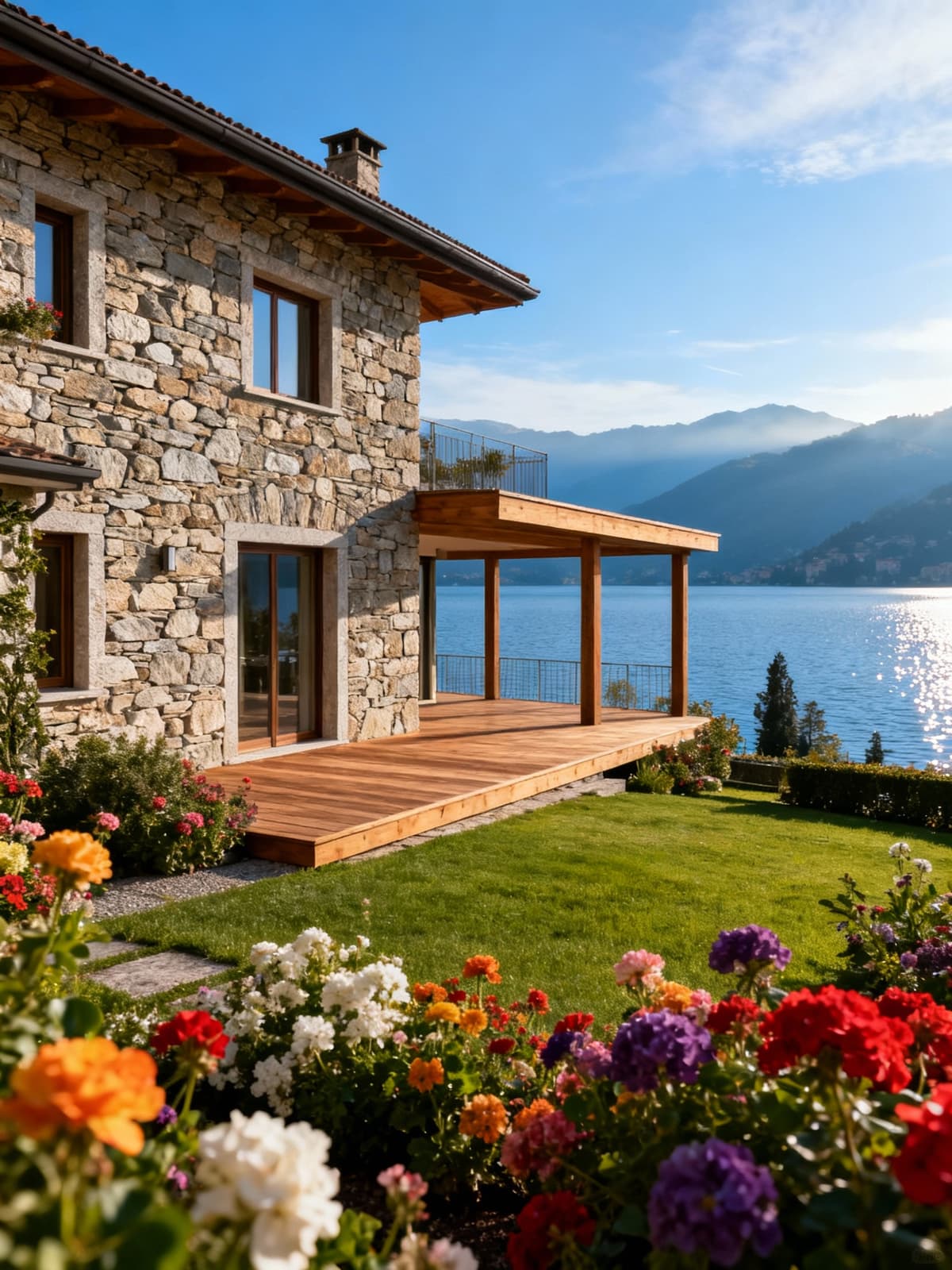 Luxurious independent house nestled between sparkling lakes and historic cities in Lombardy, featuring natural stone facade and wooden terraces.