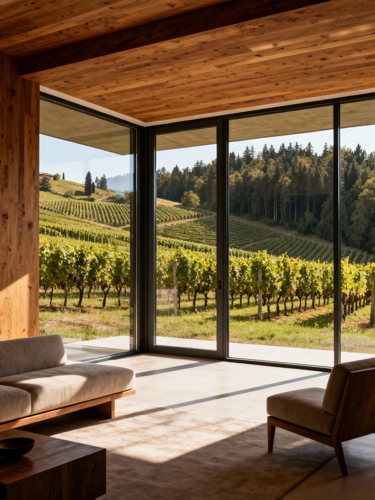 Prestigious apartments in the scenic hills of Piedmont, featuring large glass windows and warm wooden details.