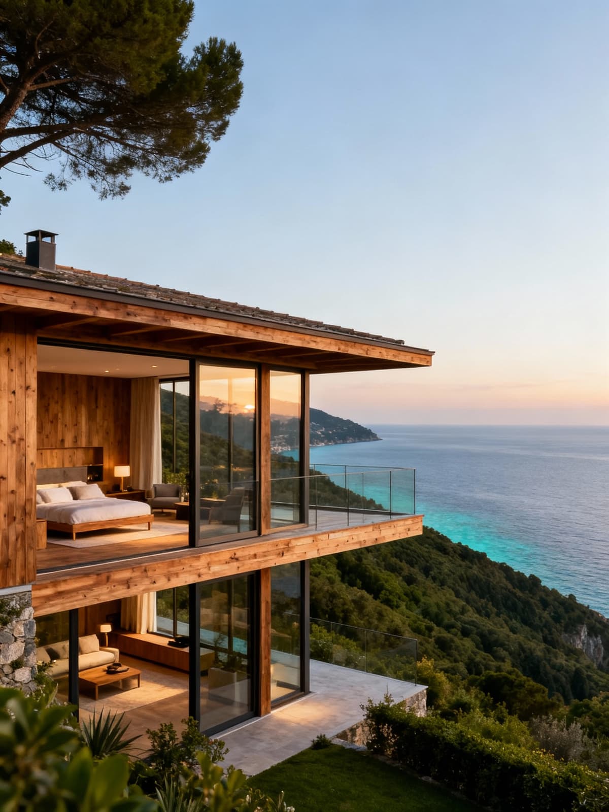 Ville esclusive immerse tra colline verdi e mare cristallino della Liguria, con design in legno e vetro.