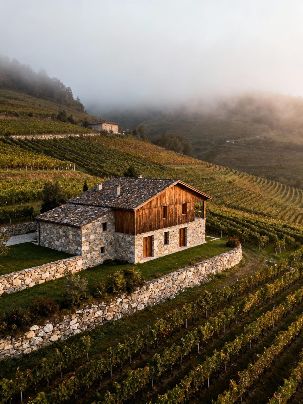 Prestigious wineries in the misty hills of Piedmont, showcasing stone and wood structures surrounded by vineyards.