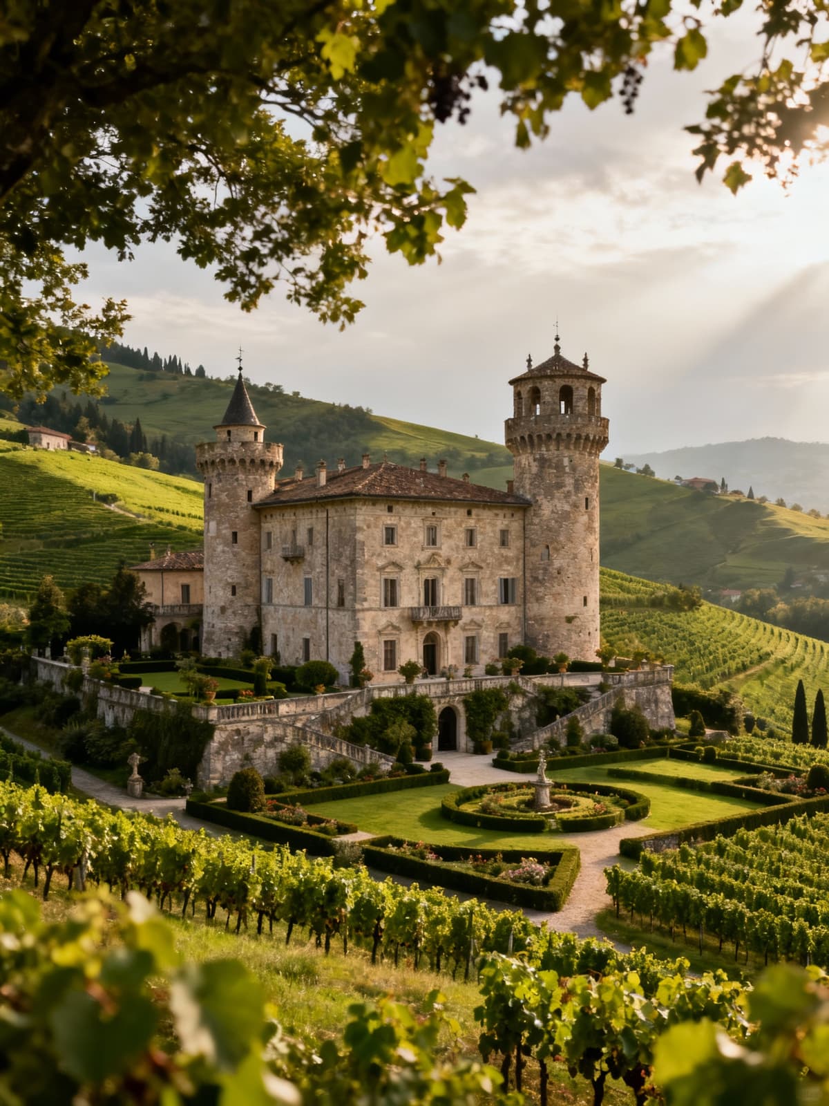 Majestic castles rise amidst lush hills of Piedmont, surrounded by manicured gardens and vineyards, exuding timeless elegance.