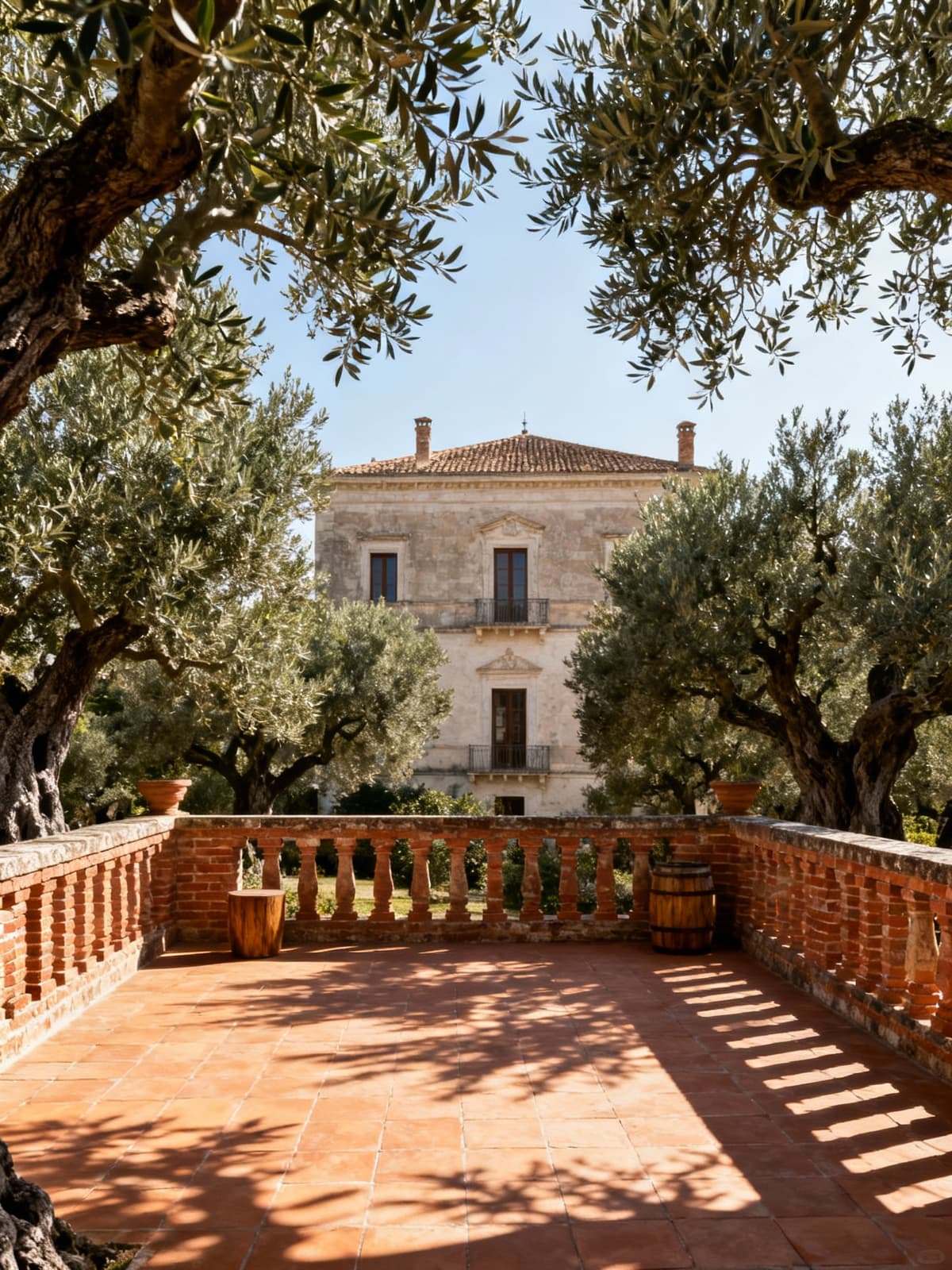 Noble palace surrounded by ancient olive groves and stunning Puglia coastline, showcasing natural shadows on terracotta terrace.