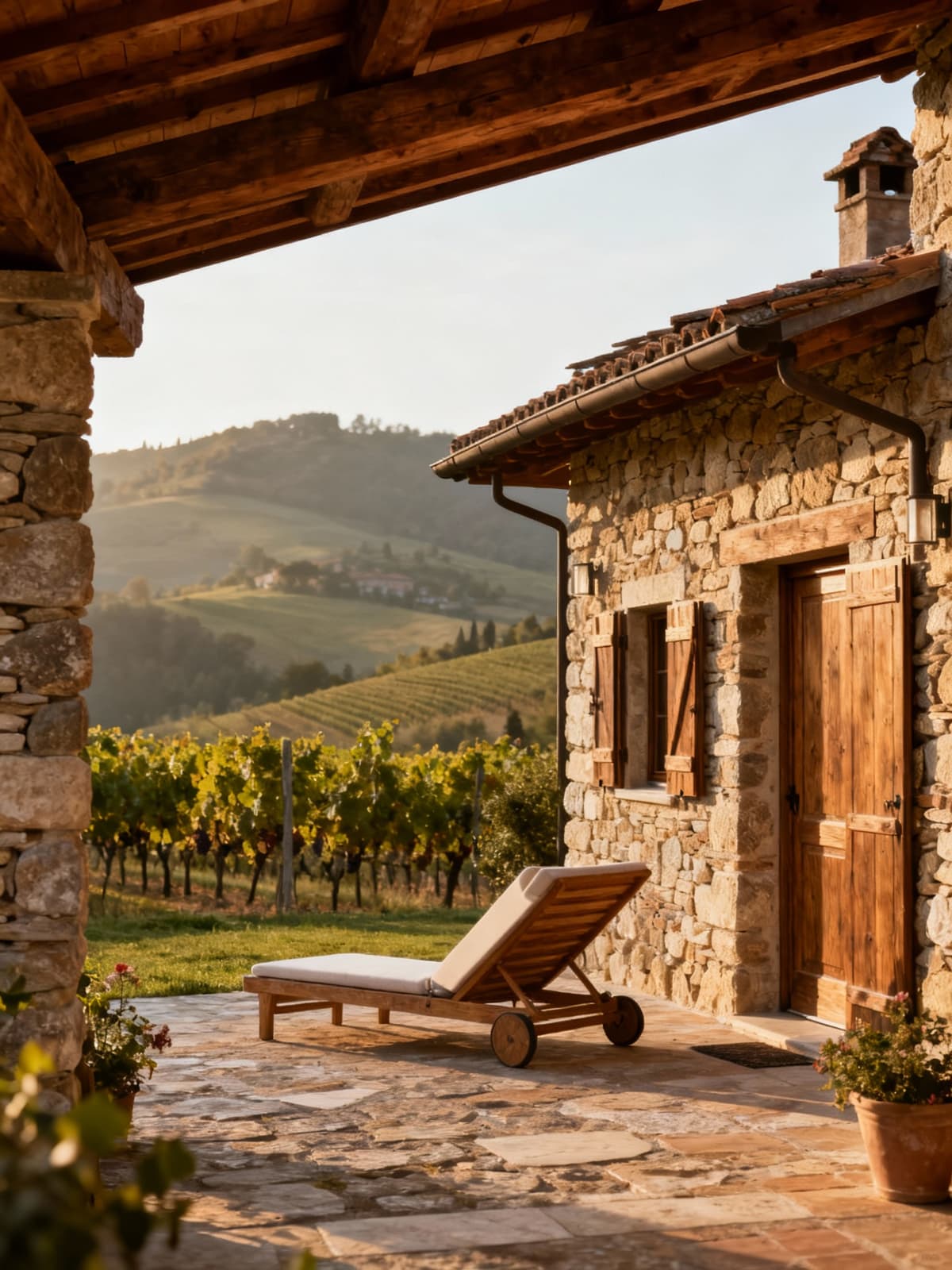 Charming rustic farmhouse amidst the hills and vineyards of Piedmont, showcasing natural stone and wood, bathed in morning light.