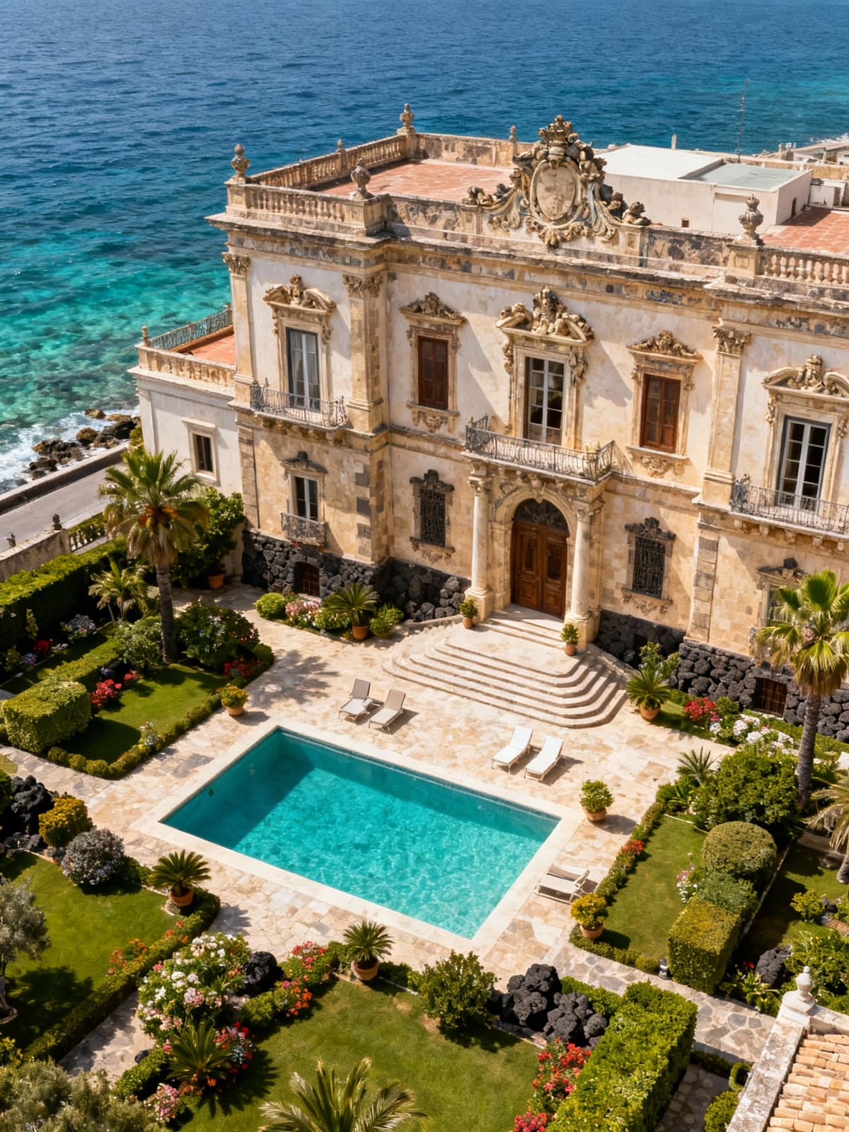 Historic coastal palaces in Sicily showcase baroque details amidst lush gardens and sparkling blue waters under a clear sky.