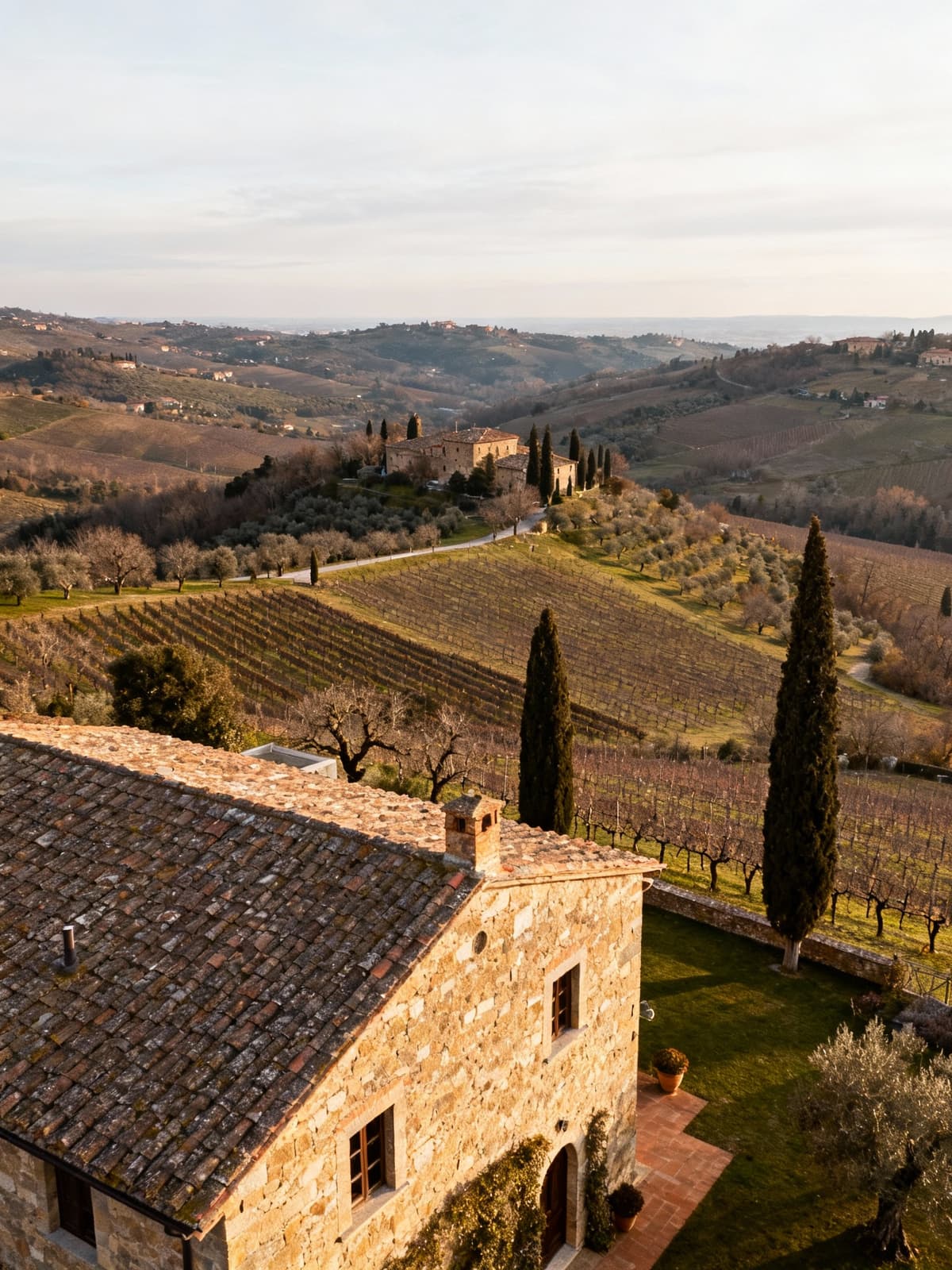 Azienda agricola di lusso nelle colline toscane, vigna secolare e architettura in pietra circondata da un paesaggio mozzafiato.