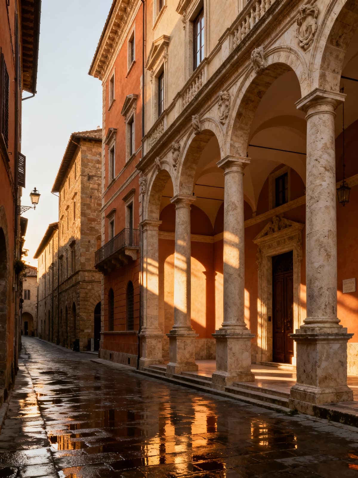 Renaissance palaces in Tuscany's artistic cities, featuring stone facades and intricate architecture in natural light.