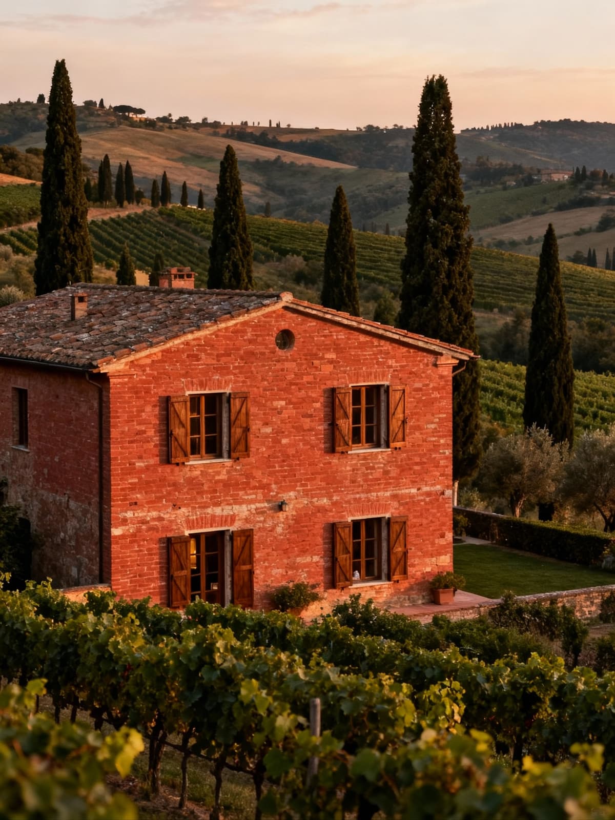 Terratetto affascinante nelle colline toscane, circondato da cipressi e vigneti, con luce calda del tardo pomeriggio.