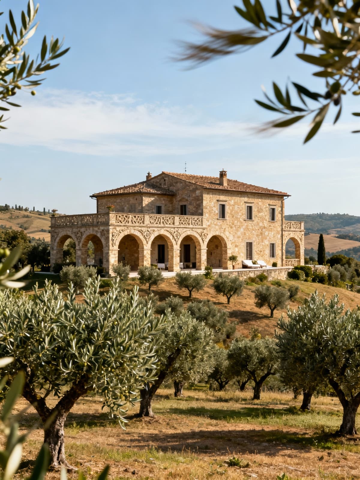 Villa di lusso nella campagna toscana, circondata da uliveti, con archi eleganti e cielo sereno.
