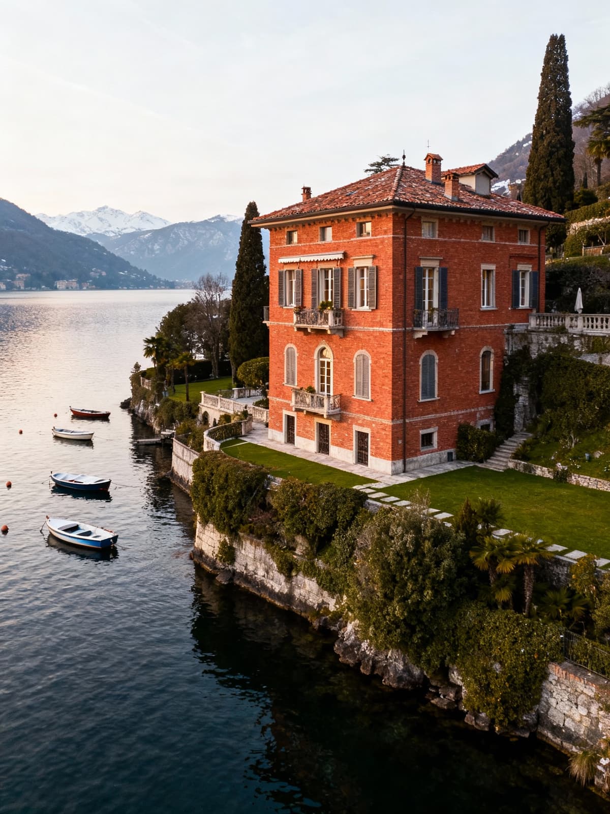Villa di lusso con mattoni rossi affacciata su un lago lombardo, immersa in un paesaggio sereno e suggestivo.