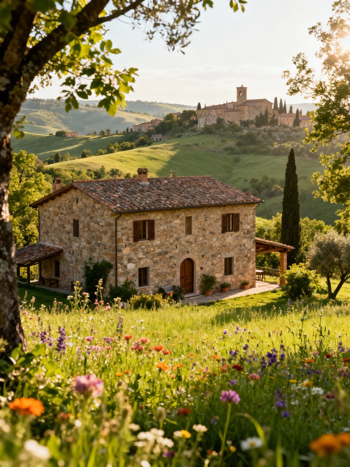 Rustici e casali affacciati sulle colline verdi dell'Umbria, circondati da fiori selvatici e luce mattutina.