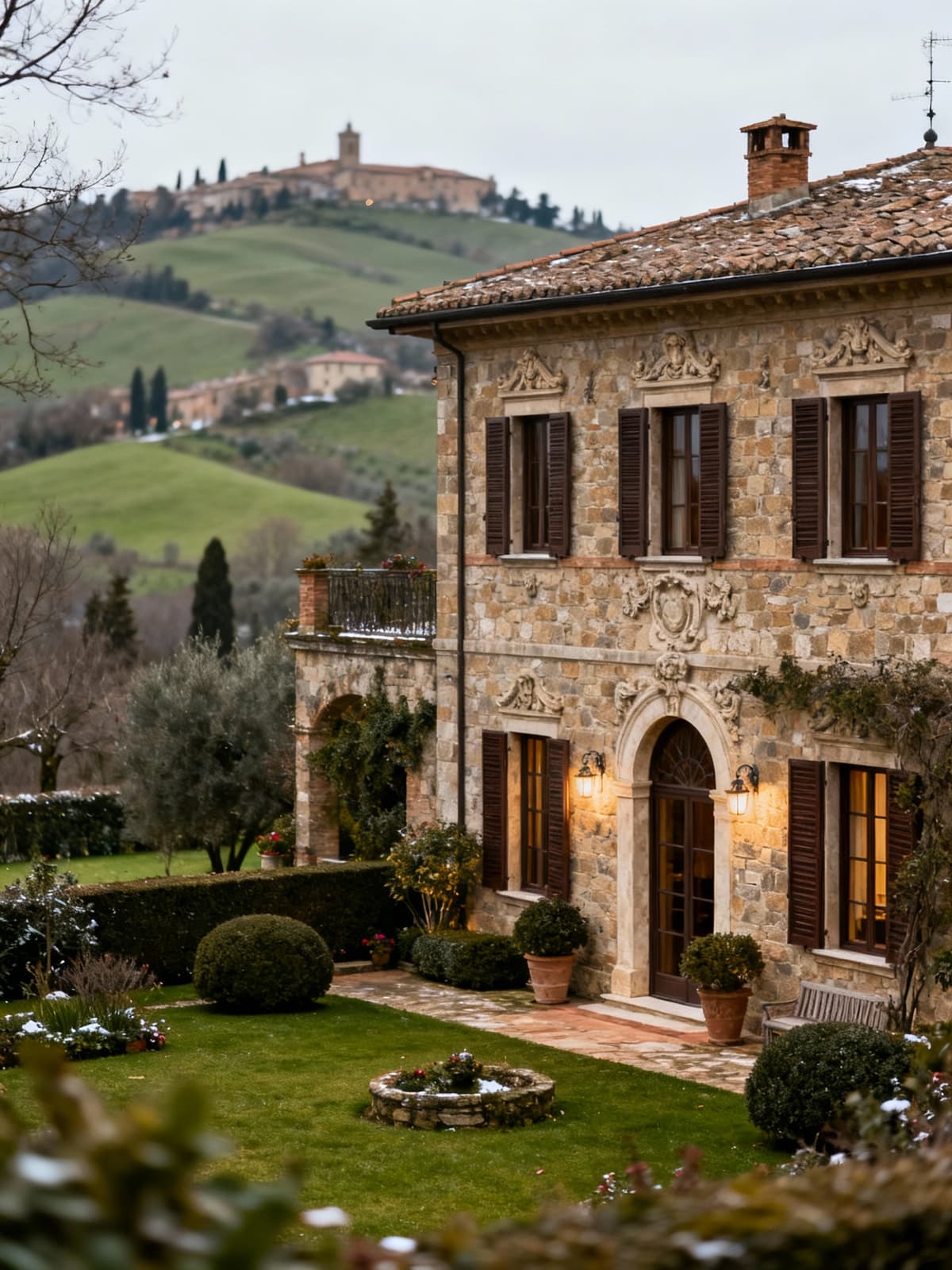 Luxury villa nestled in the lush heart of Umbria, surrounded by rolling hills and historic villages, with meticulous gardens.