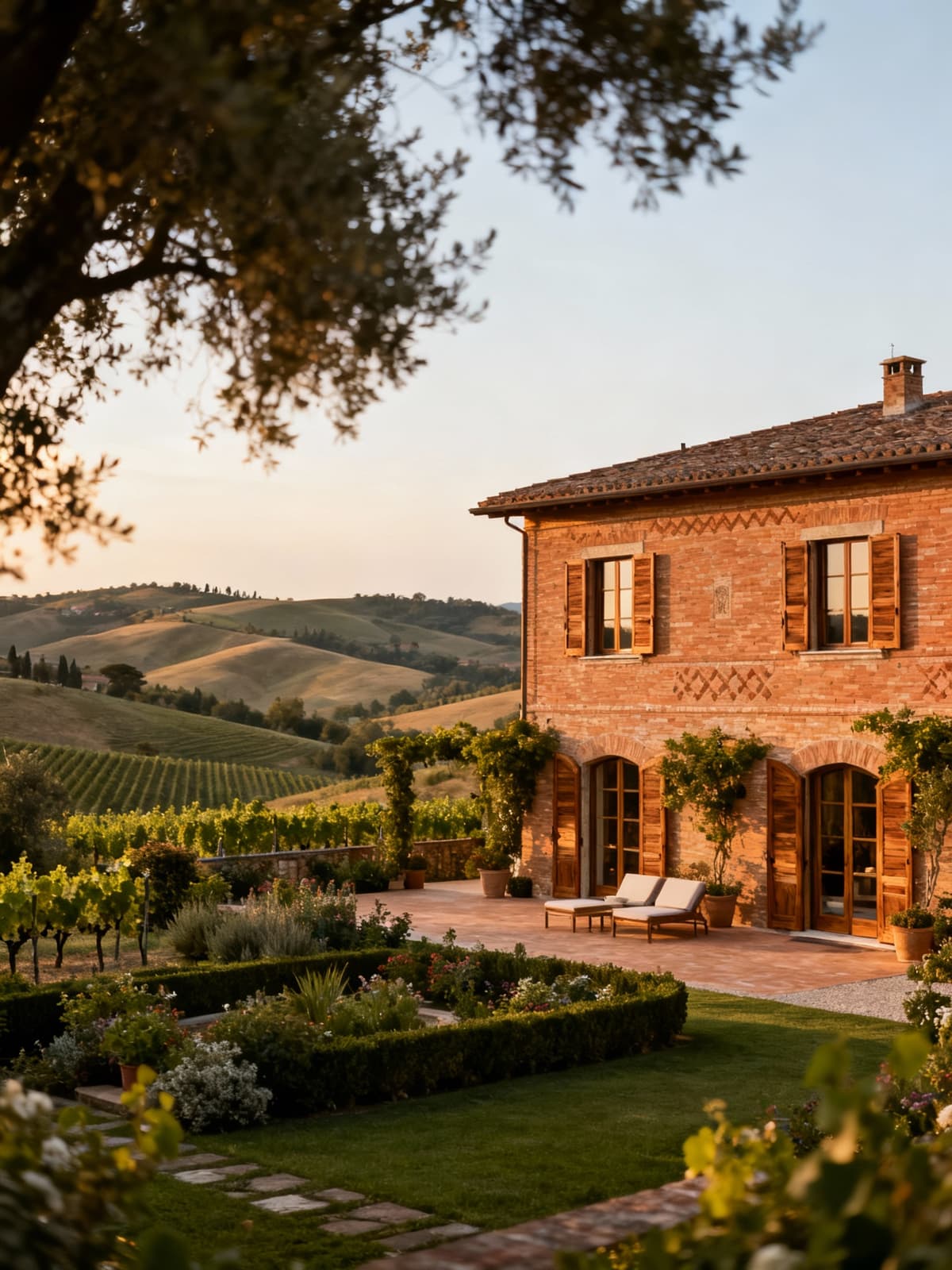 Dimora di lusso nella campagna laziale, circondata da colline e vigneti, con giardino rigoglioso e luce del tardo pomeriggio.