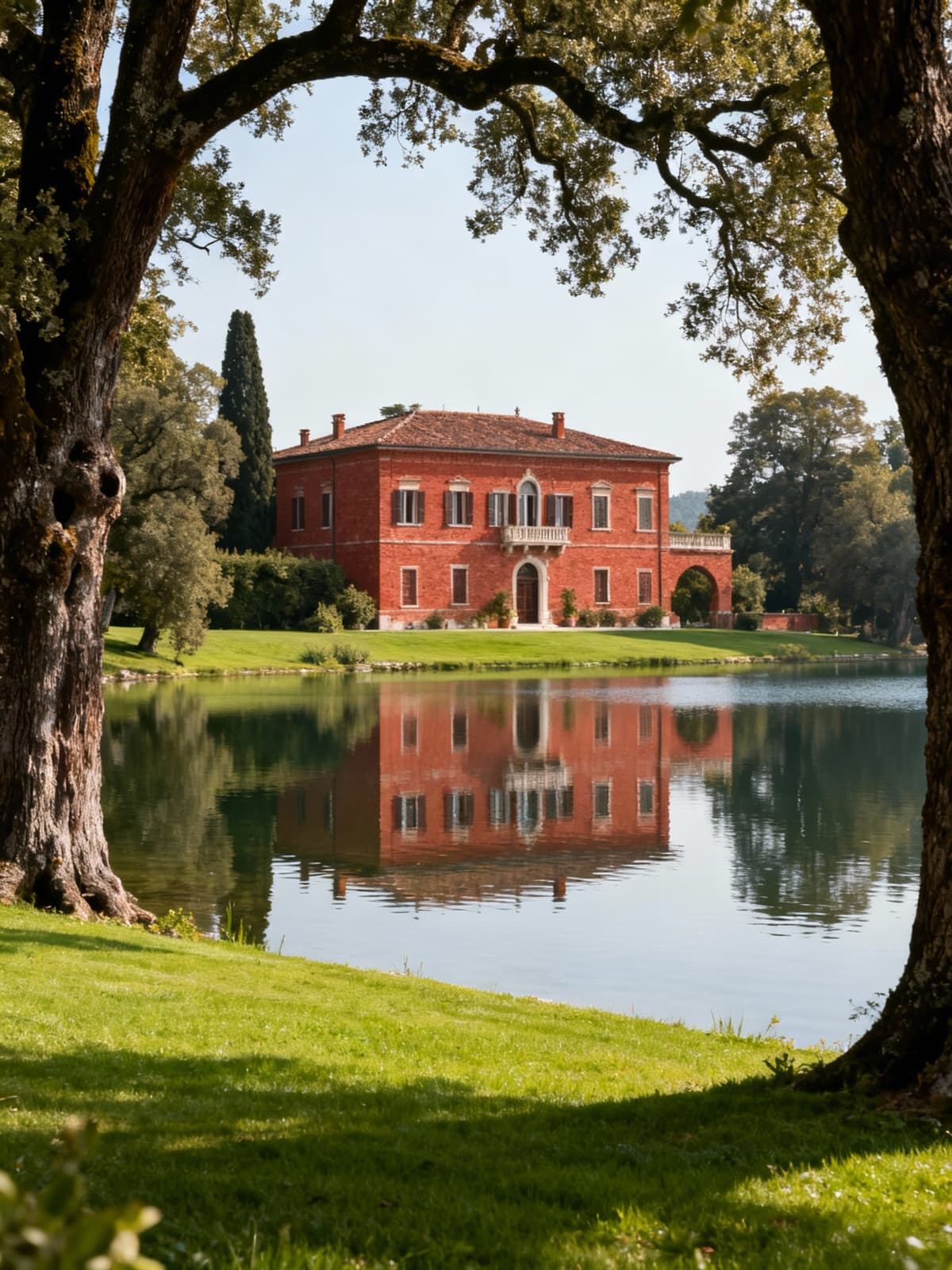 Residenza esclusiva nel Lazio affacciata su lago sereno, circondata da alberi e paesaggi storici, riflessi d'acqua incantevoli.