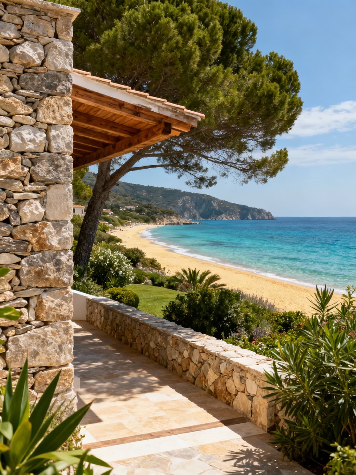 Villa esclusiva sul mare del Lazio, con accesso a spiagge dorate, dettagli in pietra e legno, circondata da vegetazione lussureggiante.