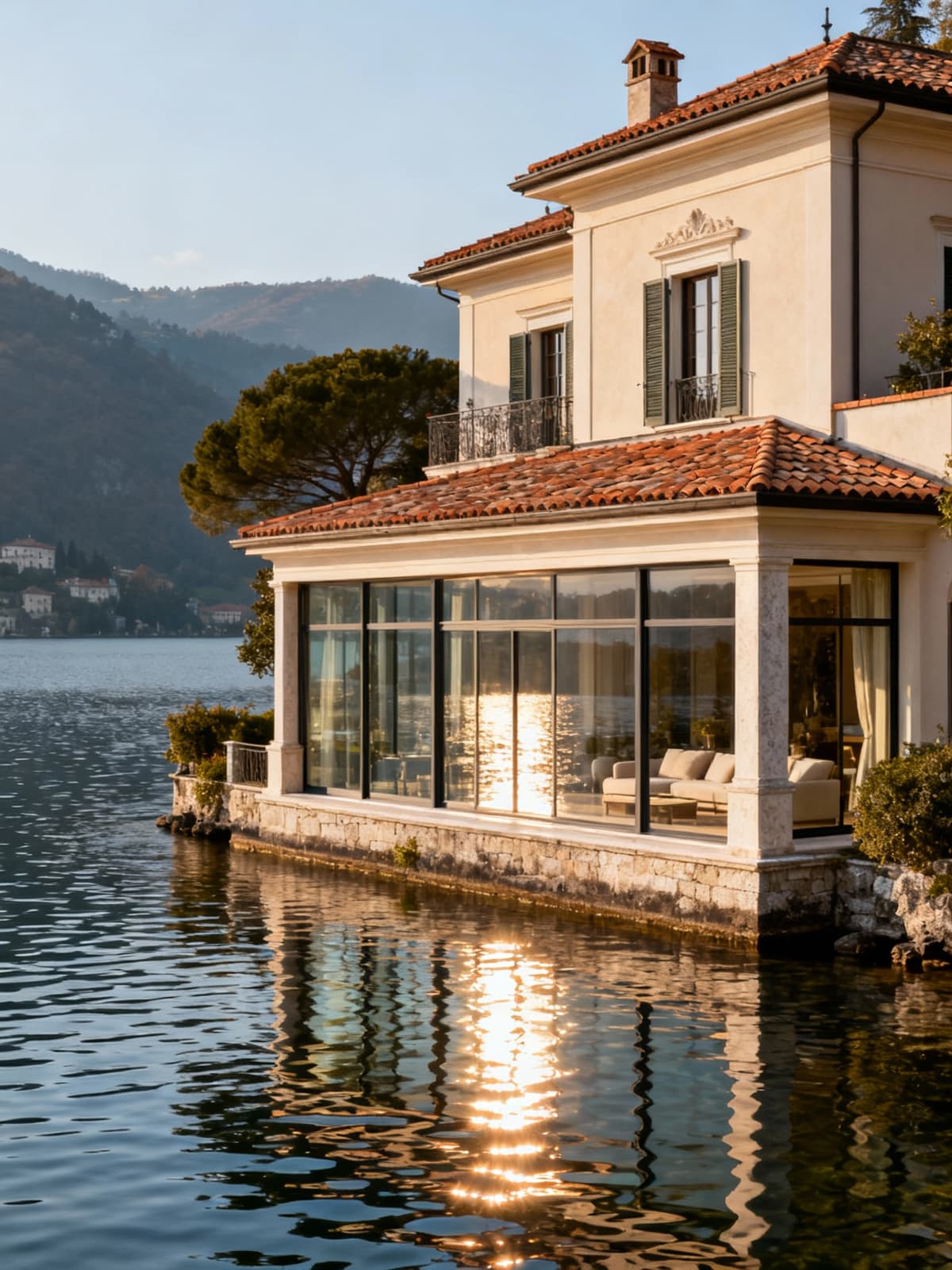 Ville esclusive affacciate sul lago di Orta, con ampie vetrate e finiture in cotto, illuminate dalla luce del mattino.