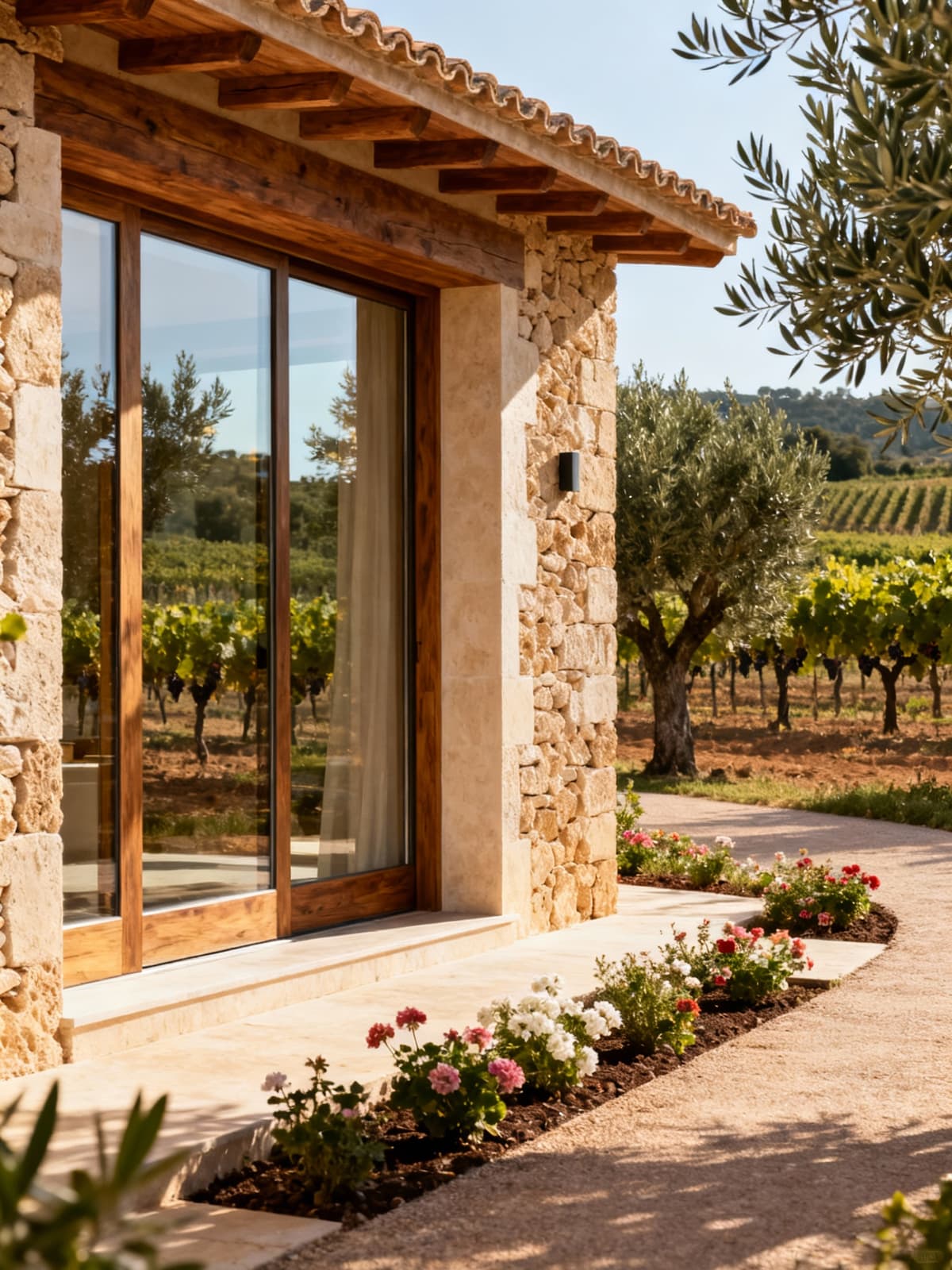 Elegant villa surrounded by olive groves and vineyards in Sicily, showcasing natural light and local materials for luxurious living.