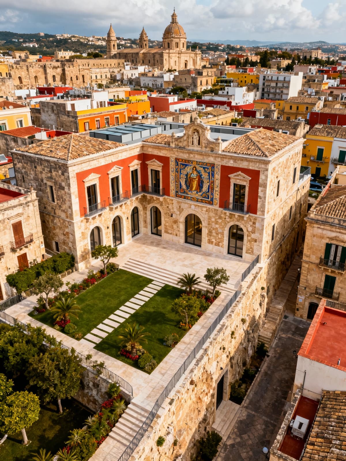 Luxurious residences in Sicilian cities blending ancient history with modern design, featuring local stone and artistic details.