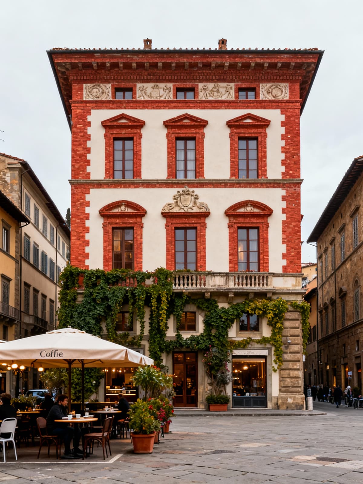 Palazzo storico con facciata rinascimentale illuminata da luce invernale, circondato da caffè e piante rampicanti in una città toscana.