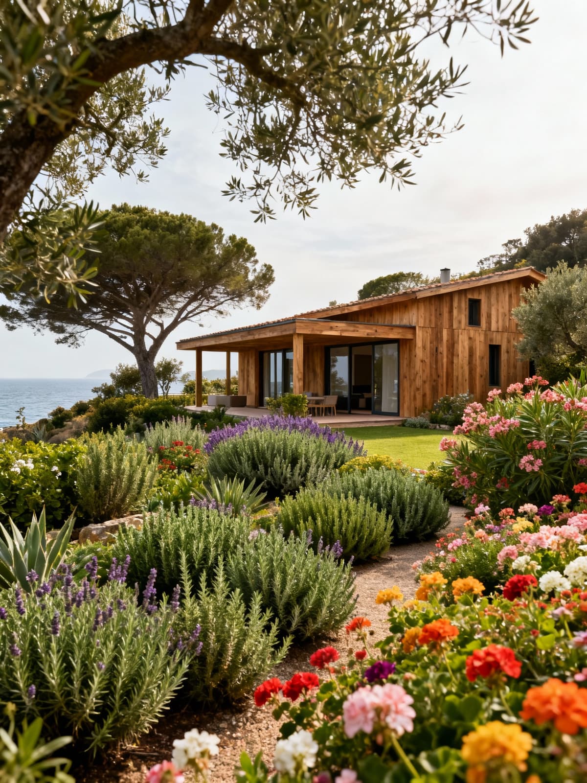 Residenza di lusso in Toscana con giardino fiorito e villa in legno, immersa in colori vividi e atmosfera leggera.