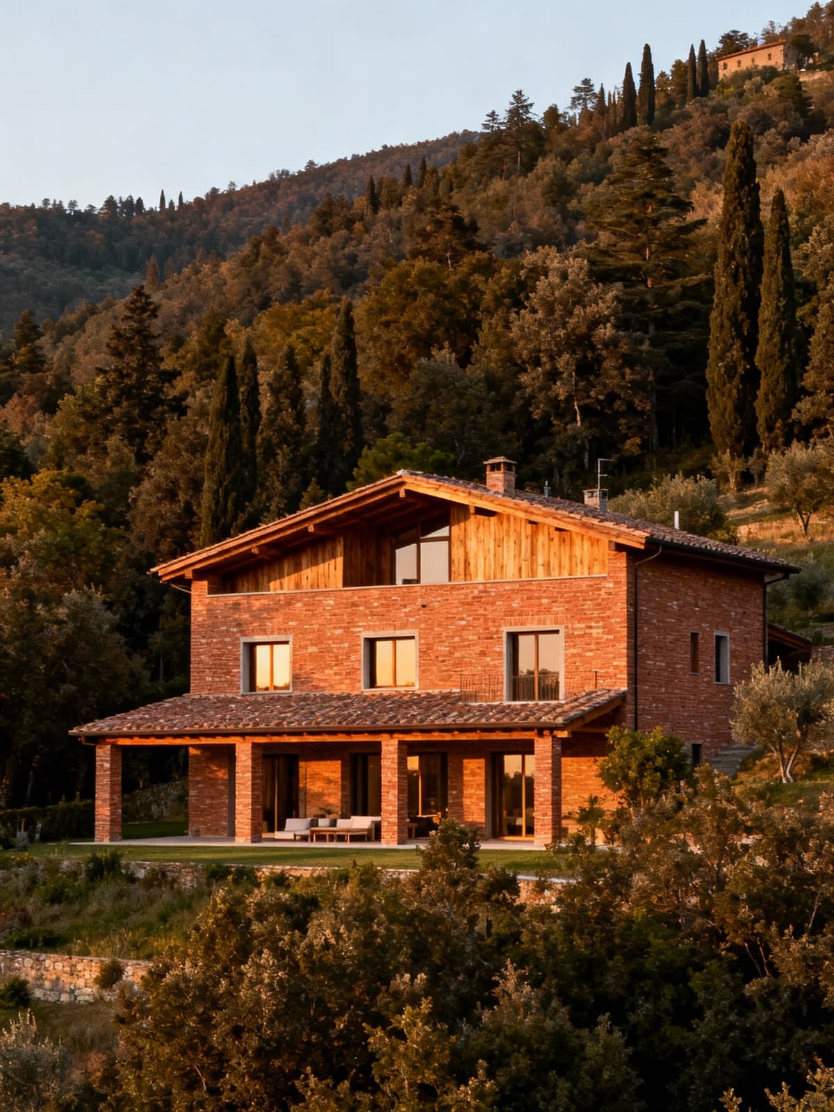 Villa esclusiva in Toscana, elegante design in mattoni e legno, immersa in boschi incontaminati e luce calda del tardo pomeriggio.