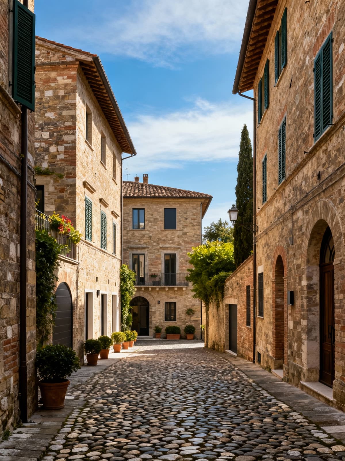 Residenze raffinate nel centro storico dell’Umbria, architettura tradizionale e modernità, vicoli acciottolati, cielo sereno.