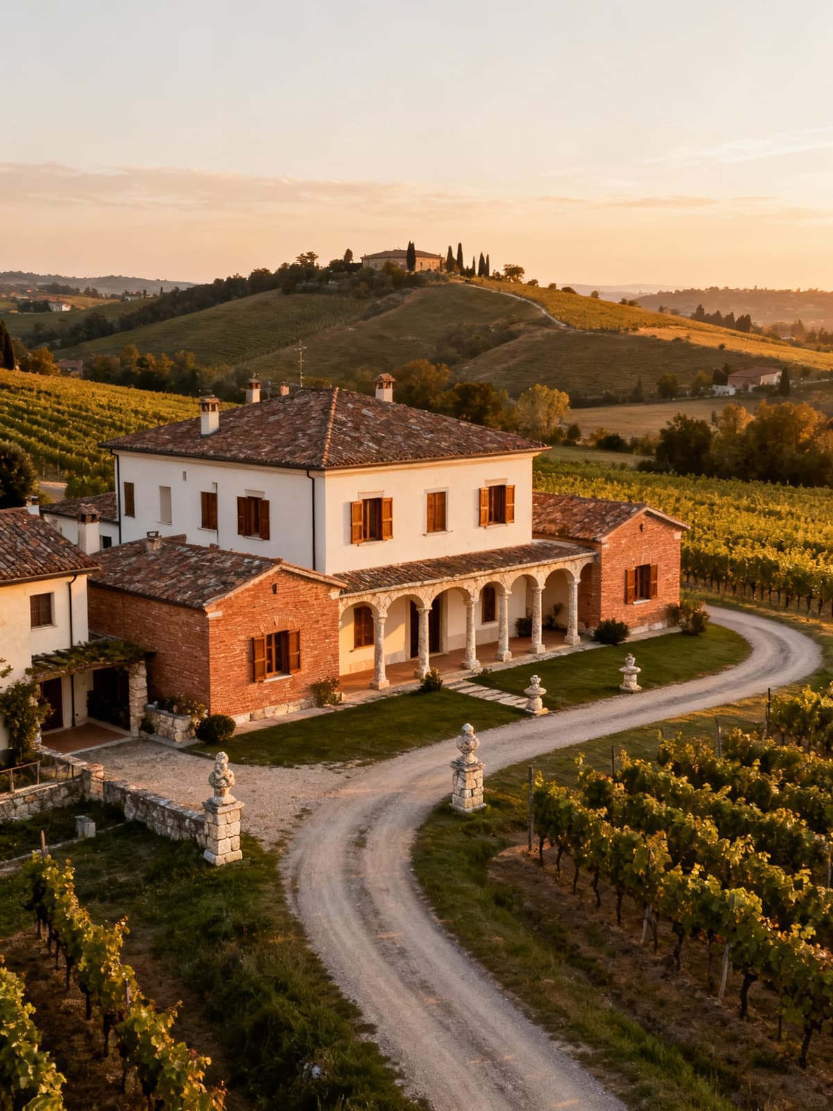 Dimore raffinate nella campagna veneta, illuminate dal sole al tramonto, circondate da colline e vigneti. Architettura storica e strade serene.