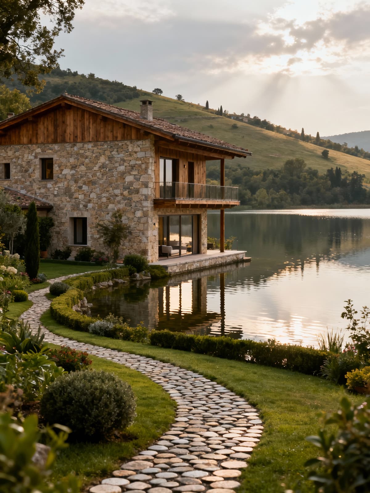 Residenze eleganti in pietra e legno si affacciano su laghi umbri, circondate da colline e giardini curati.