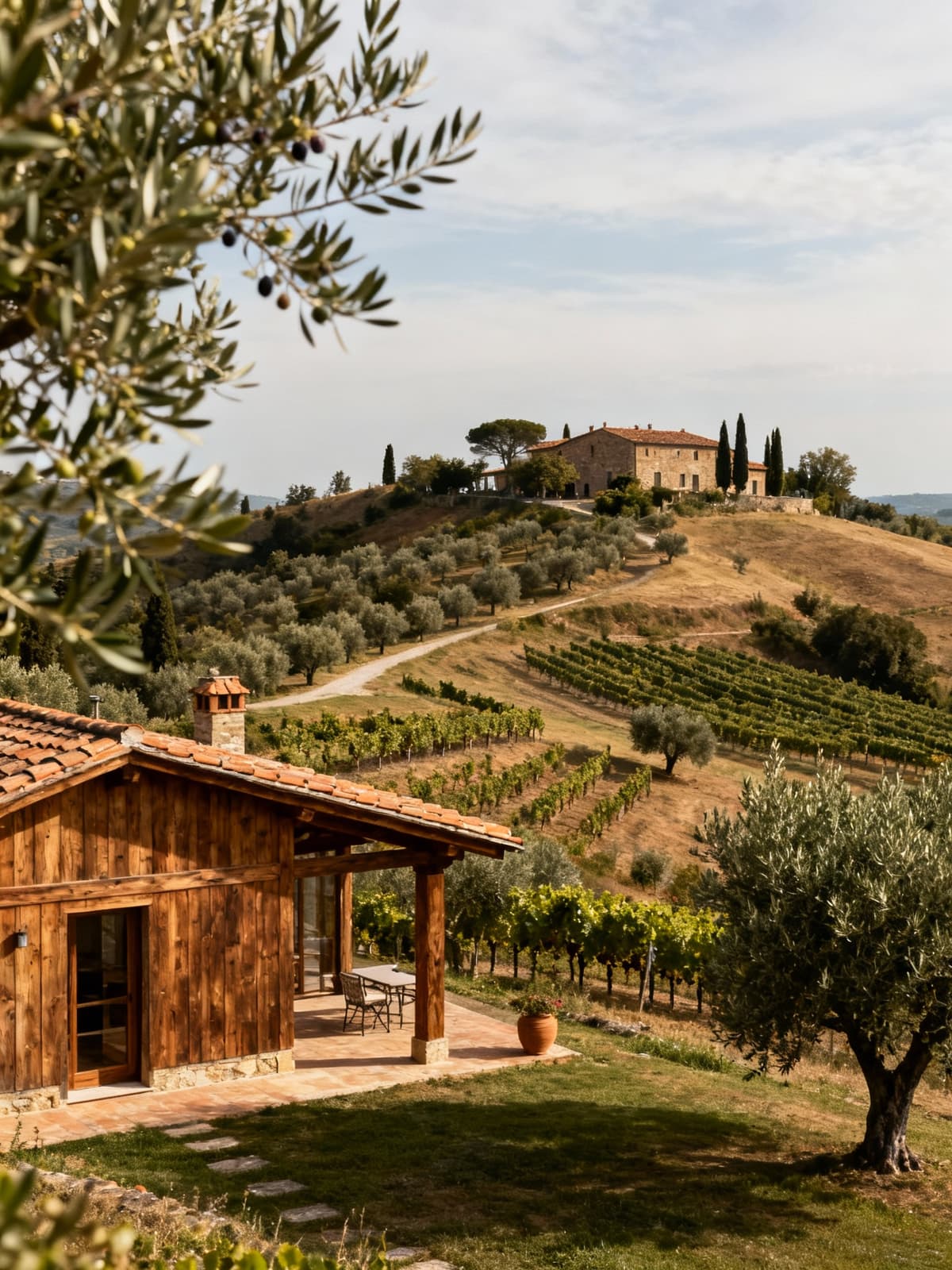 Agriturismi di charme nel suggestivo paesaggio collinare toscano tra uliveti e vigneti, con strutture in legno e cotto.