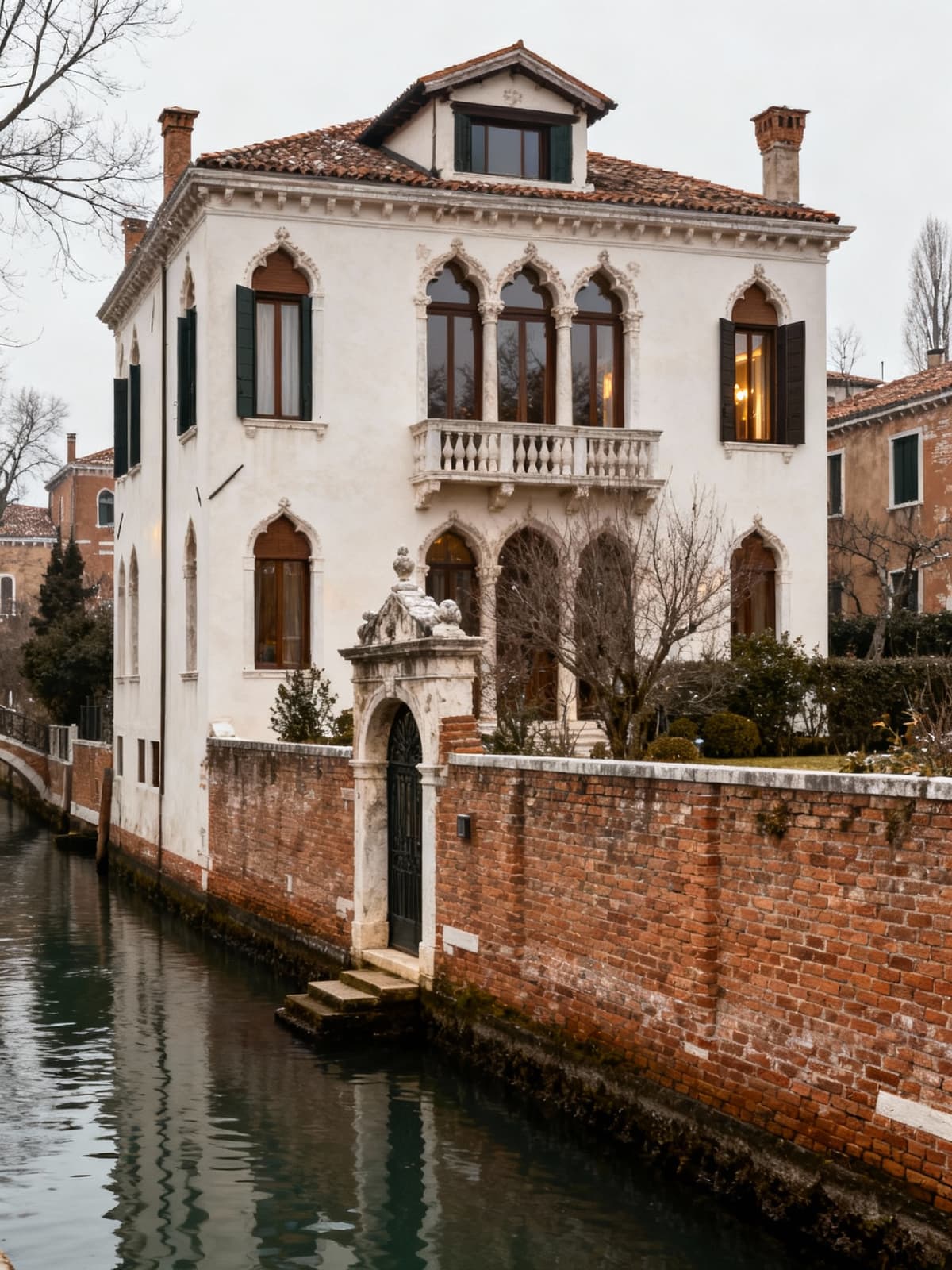 Proprietà uniche in campagna veneziana tra canali e ville storiche con dettagli architettonici, illuminazione invernale soffusa.