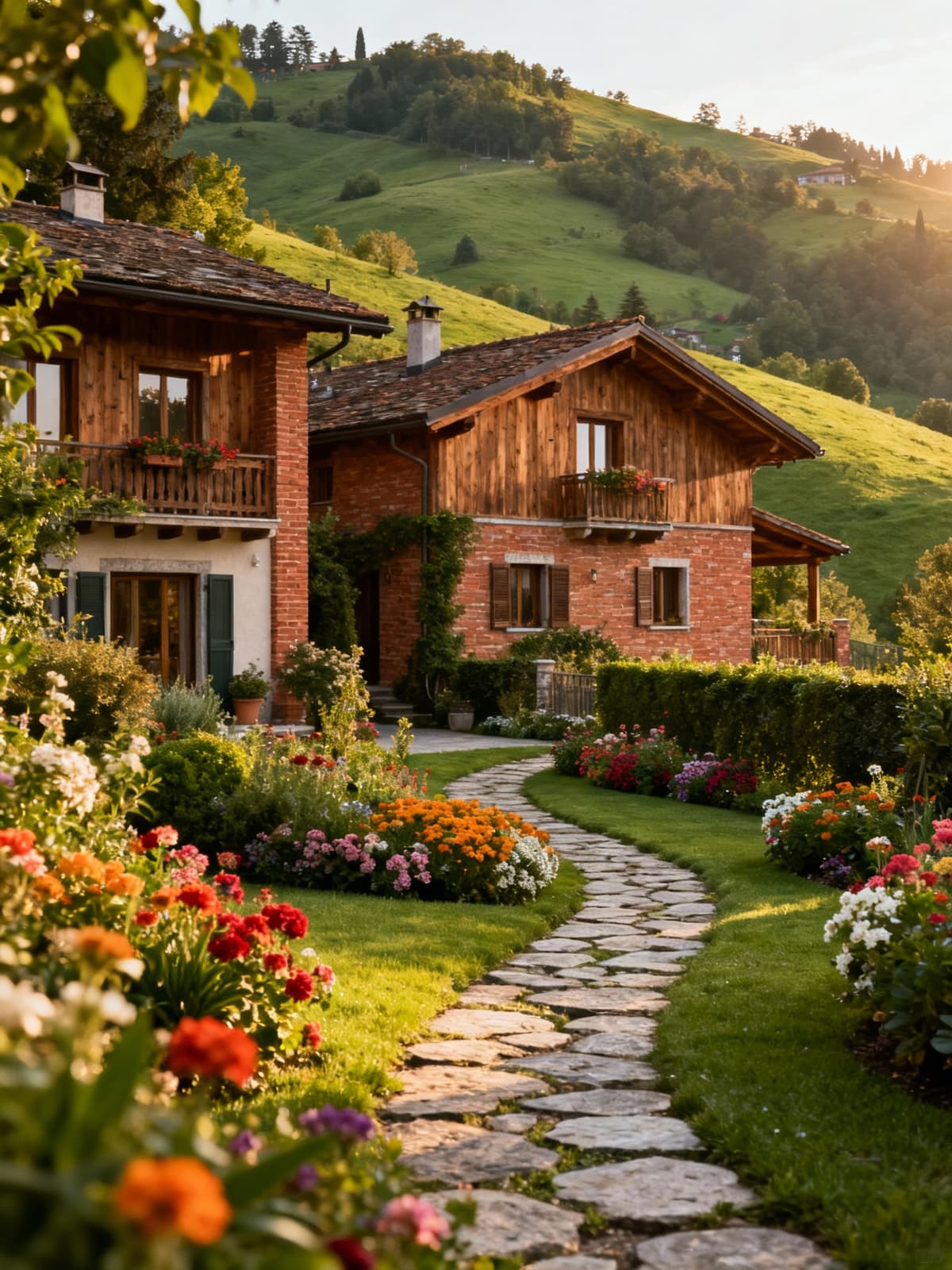 Residenze eleganti immerse nel verde delle colline varesine, con giardini fioriti e dettagli architettonici rustici.