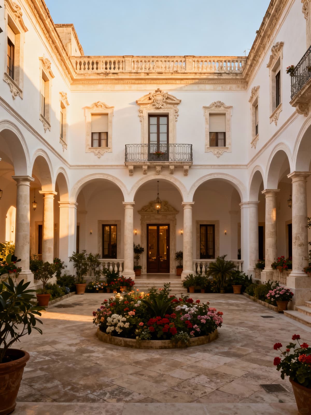 Elegante residenza con intonaco chiaro nel barocco di Lecce, circondata da storici palazzi e un cortile fiorito.