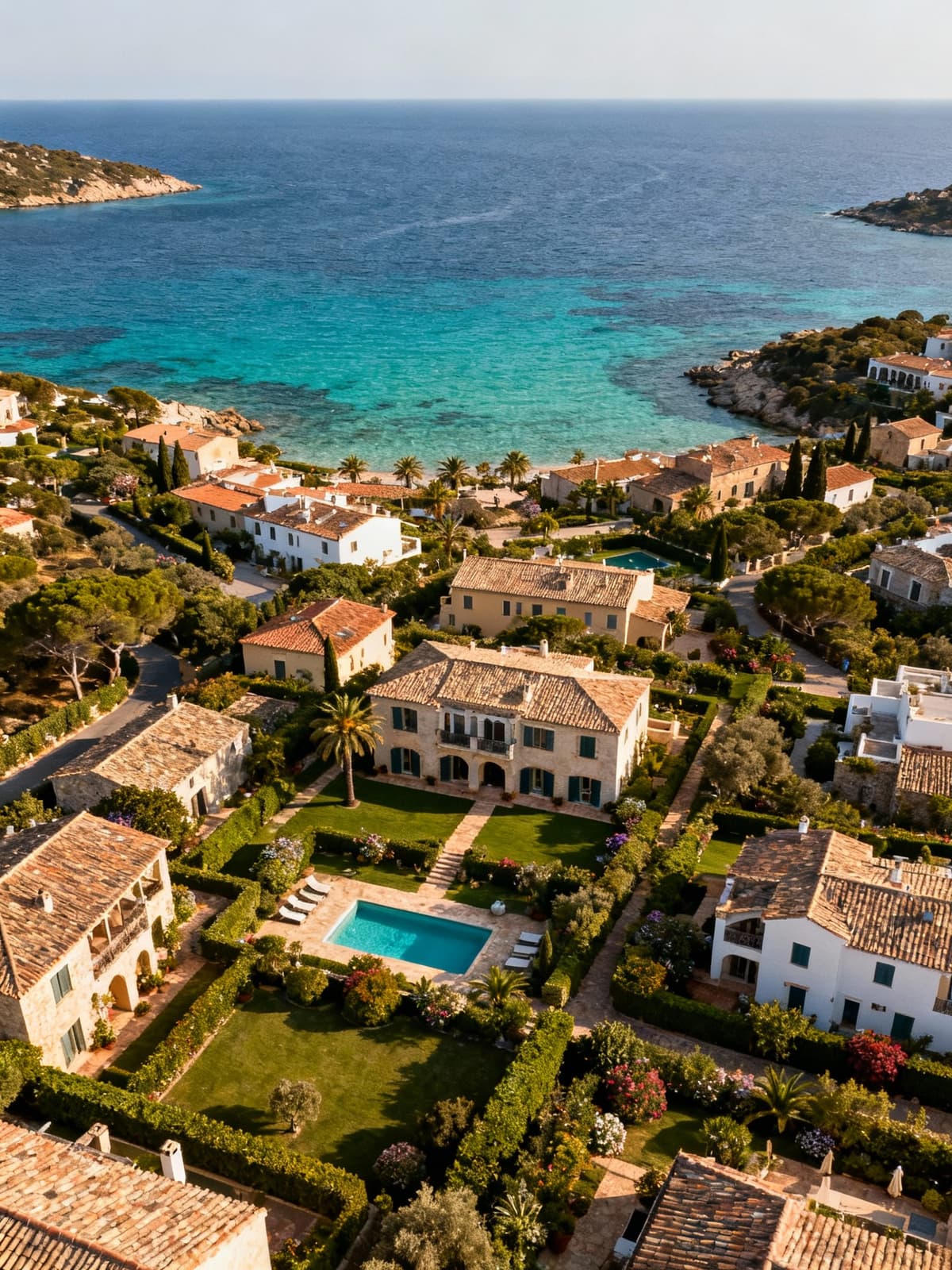 Vista aerea di eleganti residenze storiche a Savona, circondate da un mare cristallino e giardini curati, nell'atmosfera ligure.