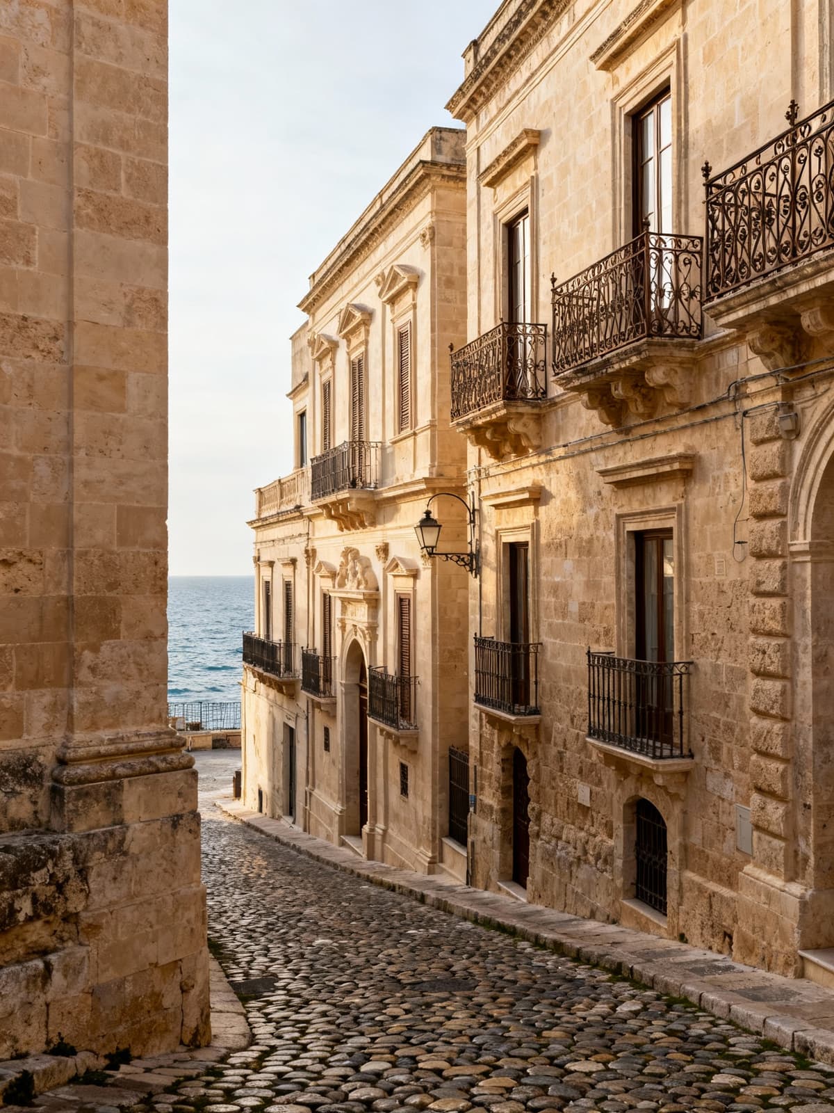 Eleganti dimore storiche a Siracusa con balconi in ferro battuto, in un’atmosfera di luce invernale e mare.