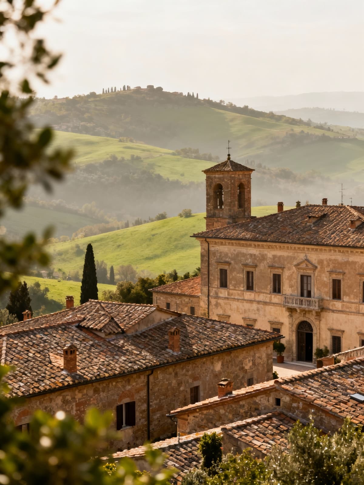Residenze storiche e palazzi d'epoca nel cuore della Tuscia, circondati da colline verdi e antica pietra.