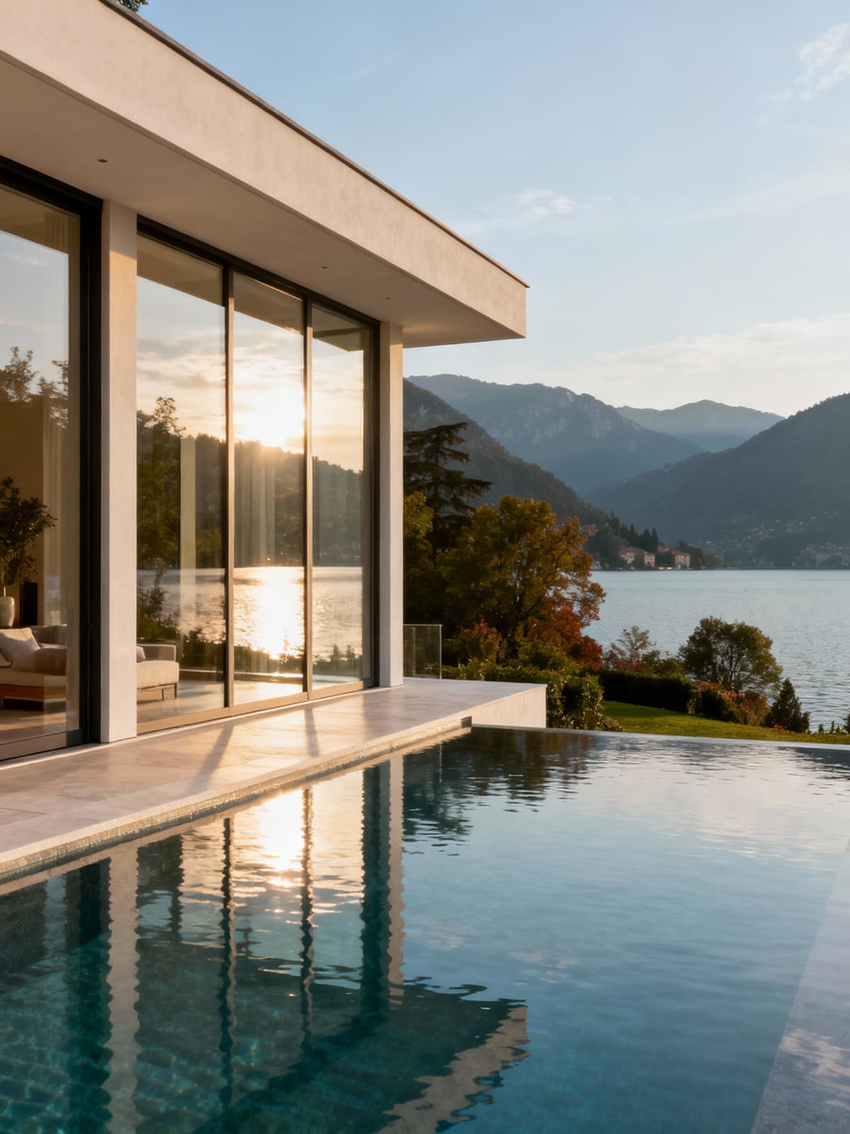 Residenze eleganti sui laghi bresciani, immerse nella natura, con architettura raffinata e piscine a sfioro che riflettono la luce.