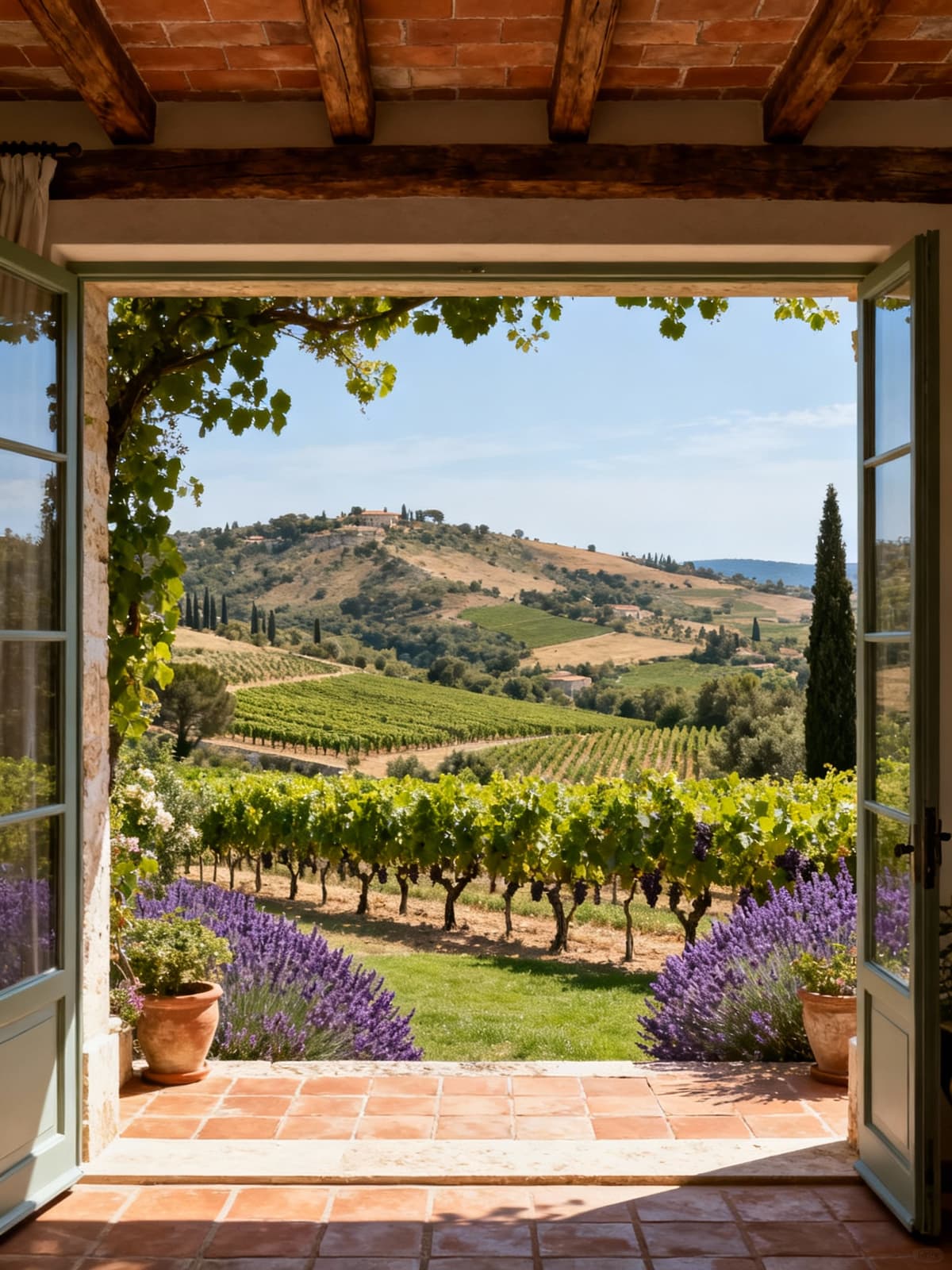 Elegante villa di charme immersa nella campagna di Varese, circondata da vigneti e lavanda, con vista collinare panoramica.