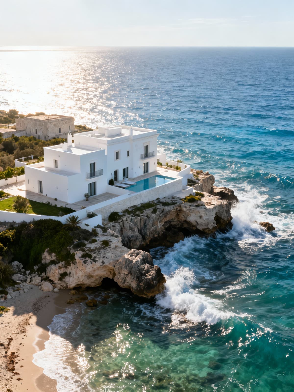 Ville di lusso fronte mare a Lecce, con facciate in stucco bianco illuminate e paesaggi mediterranei incantevoli.