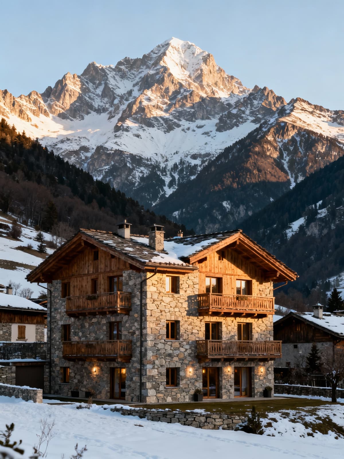 Residenze di lusso ai piedi delle Alpi torinesi, circondate da cime innevate e illuminate dalla luce del tardo pomeriggio.