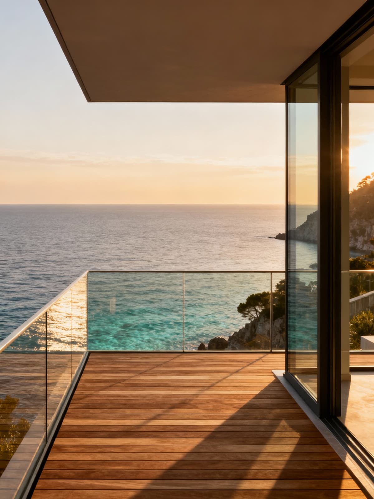 Appartamenti di lusso con vista spettacolare sul mare cristallino ligure, terrazze in legno e atmosfera accogliente al tramonto.