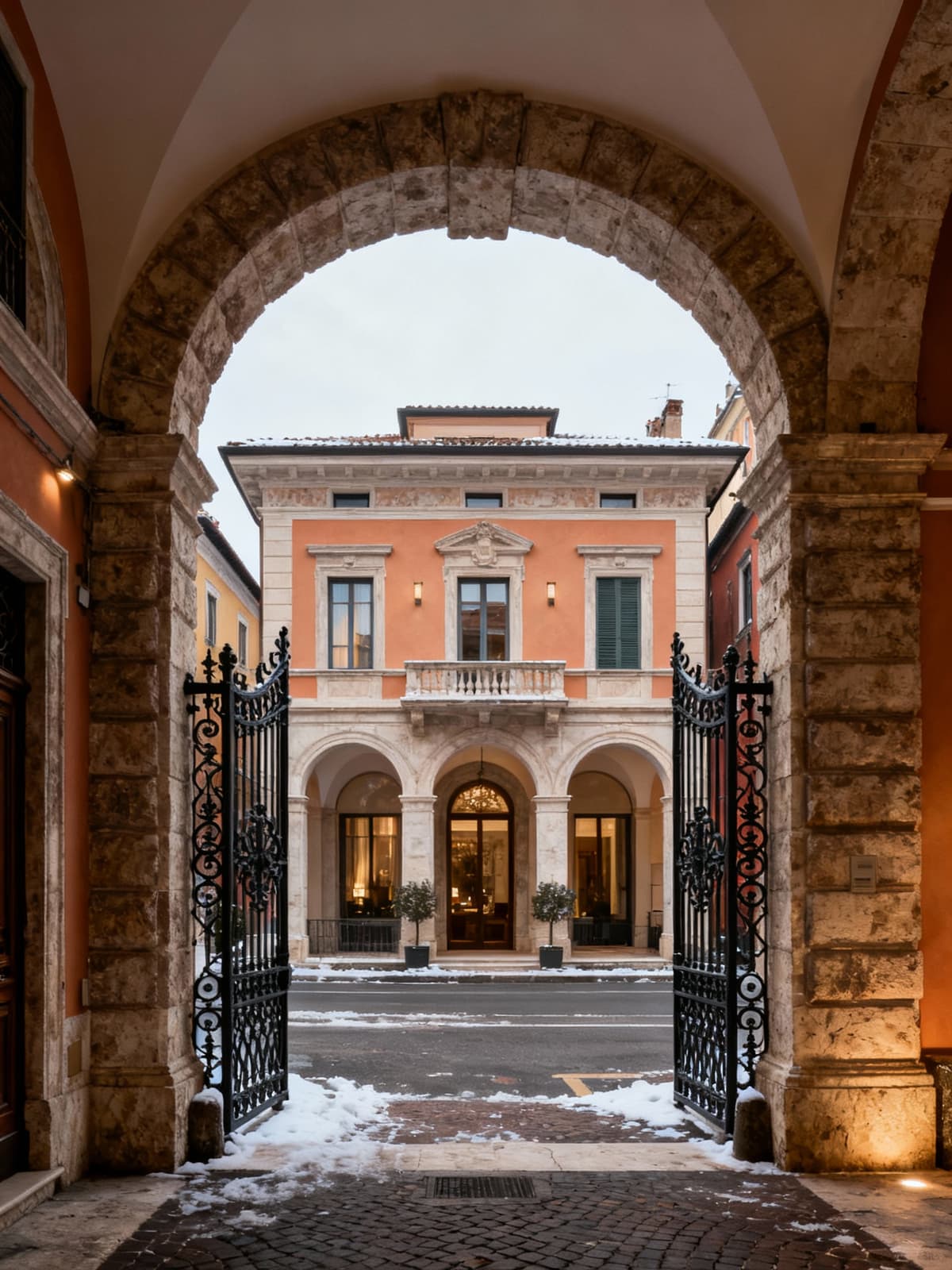 Prestigious villa in the vibrant heart of an Italian city, showcasing stone and wrought iron details under soft winter light.