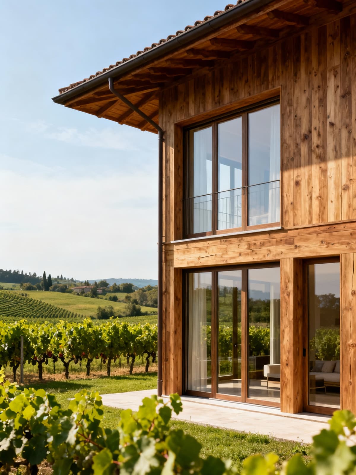 Luxury villas in the Tuscan countryside feature expansive windows, exquisite finishes, and views of lush vineyards under a clear sky.